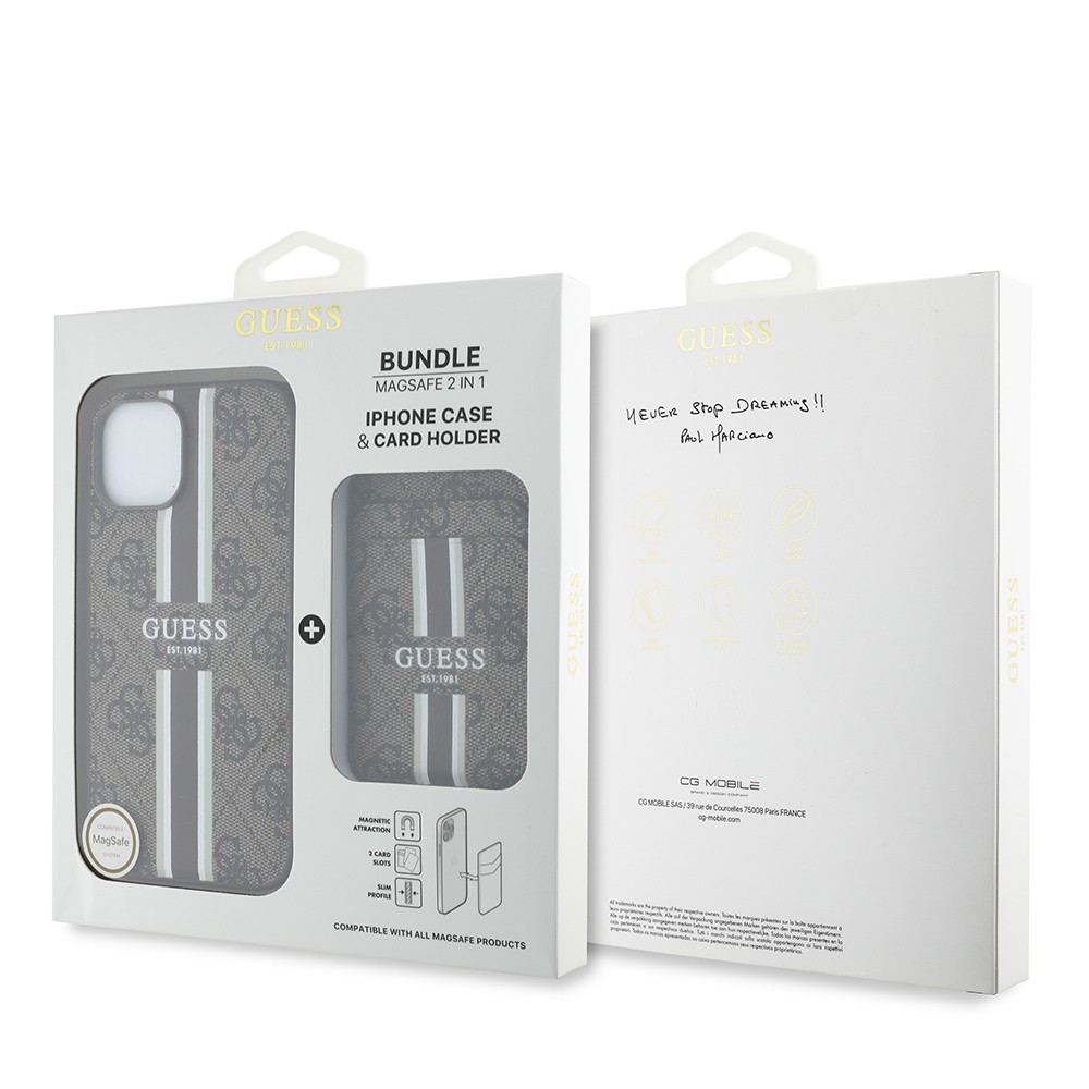 Apple iPhone 14 Kılıf Guess Orjinal Lisanslı Magsafe Şarj Özellikli 4G Desenli Çizgili Kartlıklı Kapak