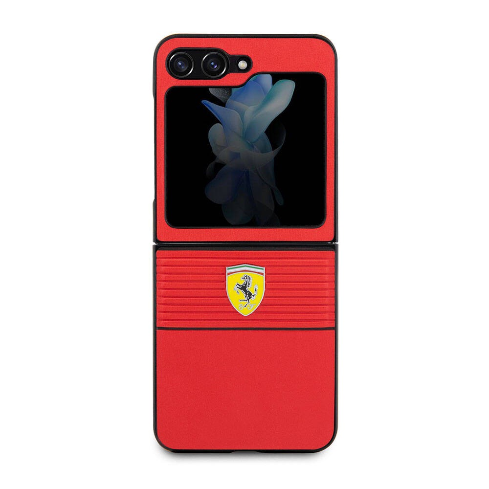 Galaxy Z Flip 5 Kılıf Ferrari Orjinal Lisanslı PU Deri Metal Logolu Multi Çizgili Kılıf