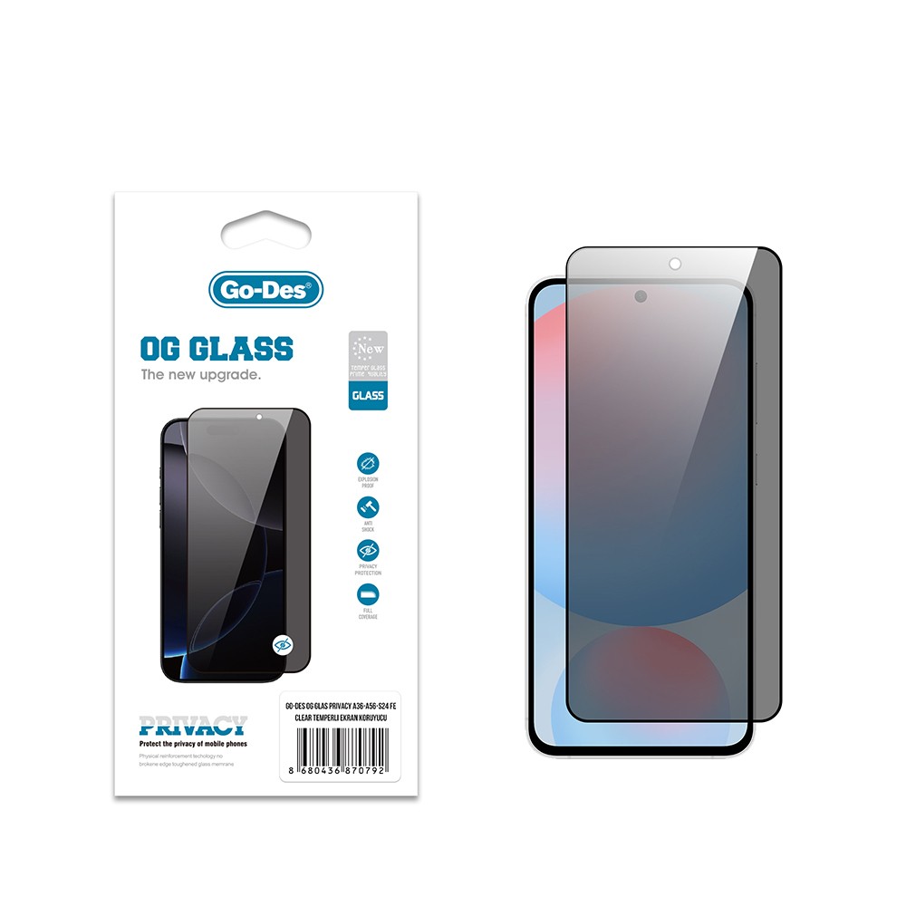 Galaxy S24 FE Go Des OG Glass Privacy Antistatik Temperli Cam Ekran Koruyucu