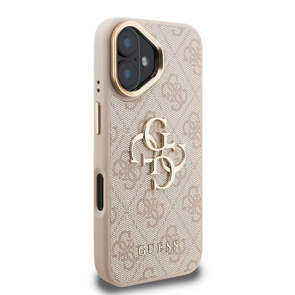 Apple iPhone 16 Kılıf Guess Orjinal Lisanslı PU Deri 4G Desenli Metal Büyük 4G ve Yazı Logolu Kamera Standlı Kapak