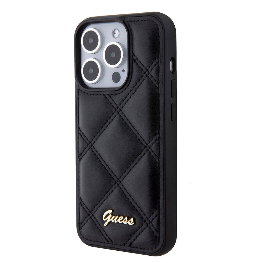 iPhone 15 Pro Kılıf Guess Orjinal Lisanslı PU Deri Metal Yazı Logolu Kapitone Kılıf