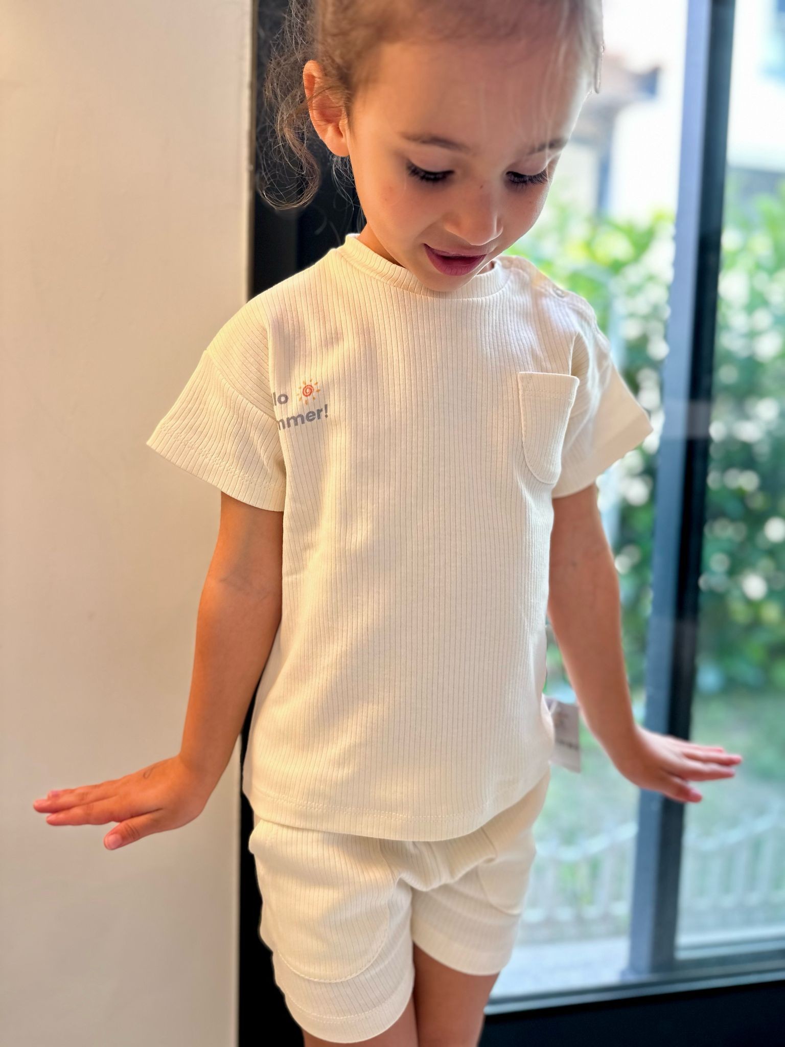 Hello Summer! Ekru Şort T-shirt İkili Takım %100 Pamuk Unisex