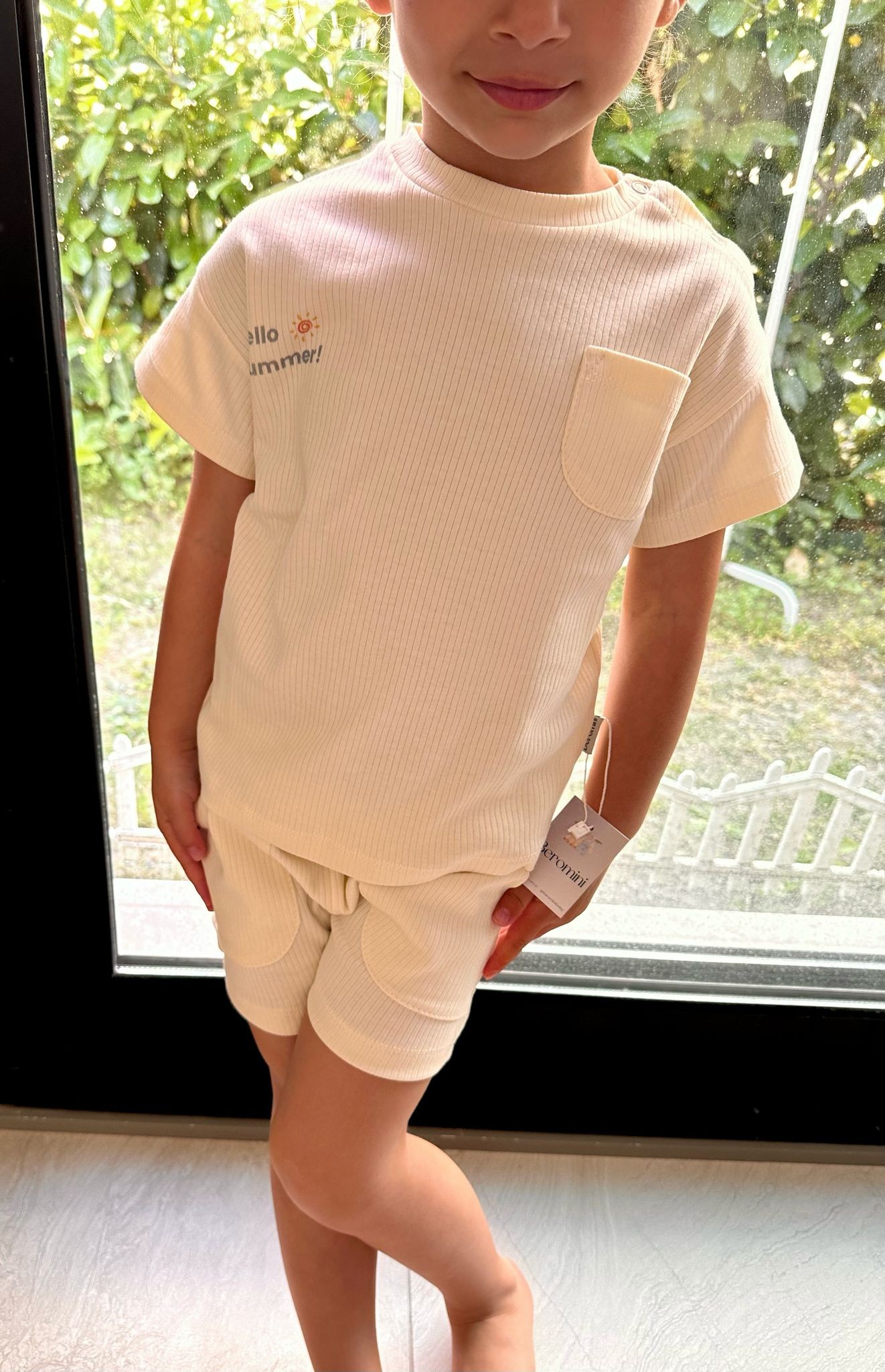 Hello Summer! Ekru Şort T-shirt İkili Takım %100 Pamuk Unisex