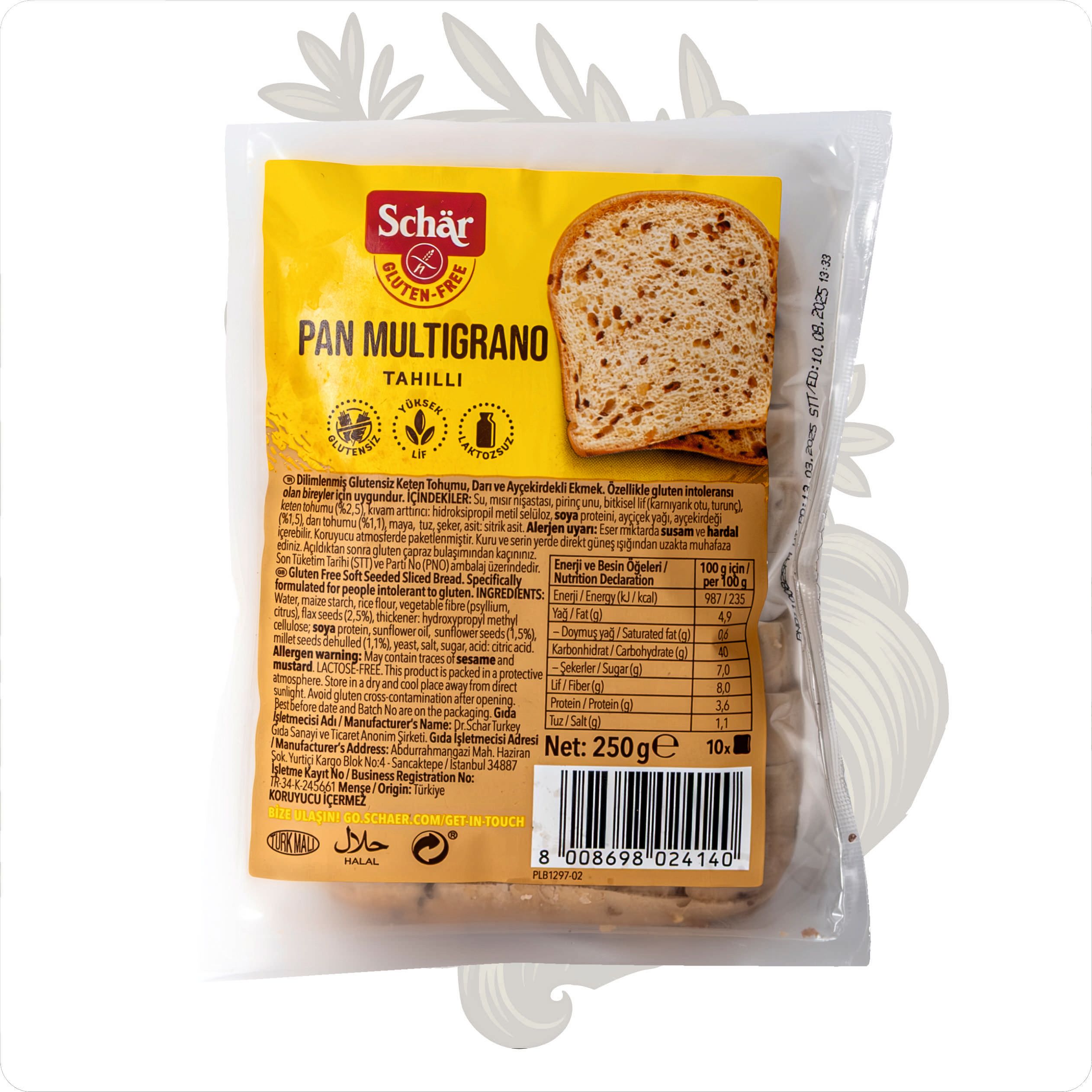 GLUTENSİZ SCHAR PAN MULTİGRANO DİLİMLİ EKMEK 250 G