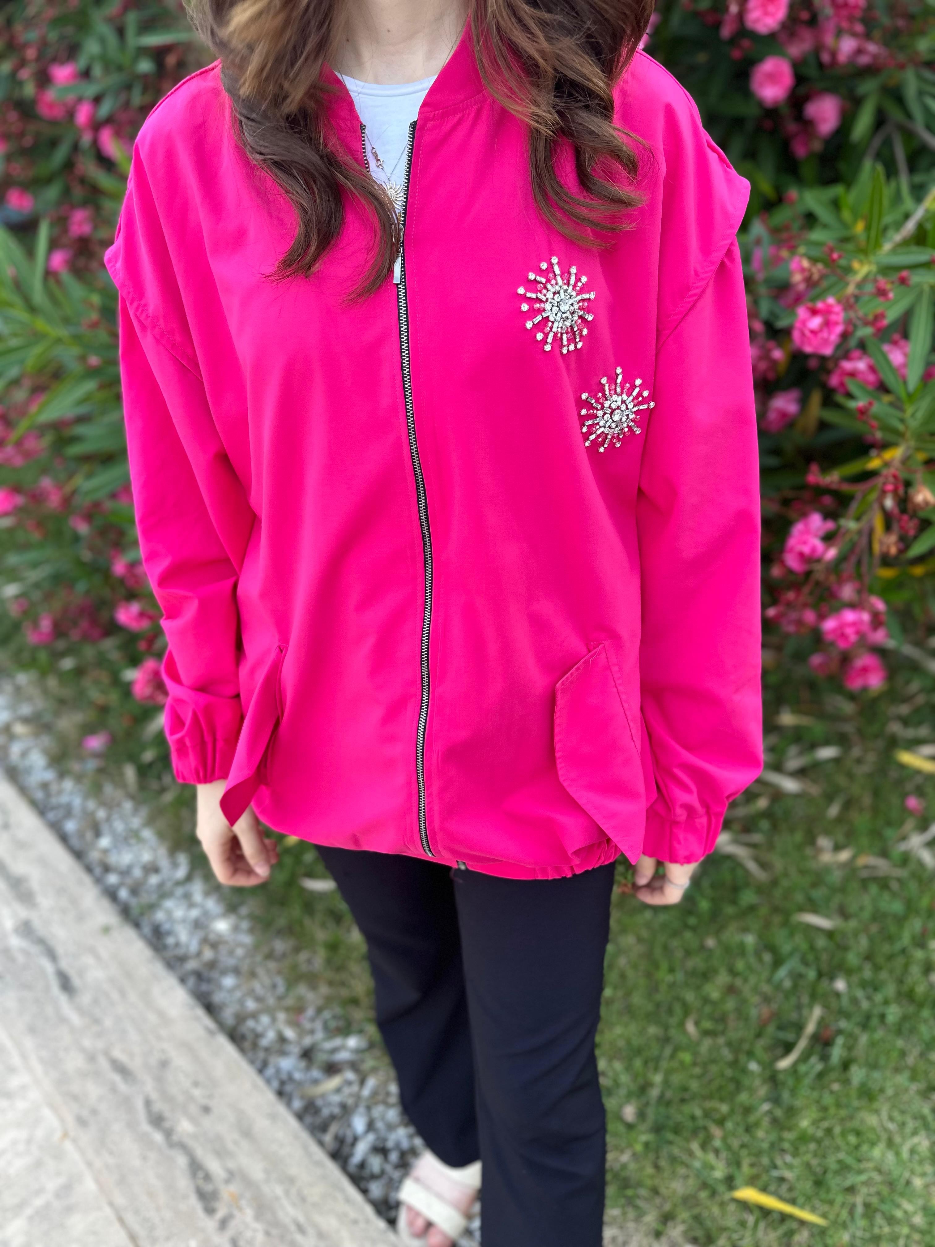 İşleme Detaylı Pembe Bomber Ceket