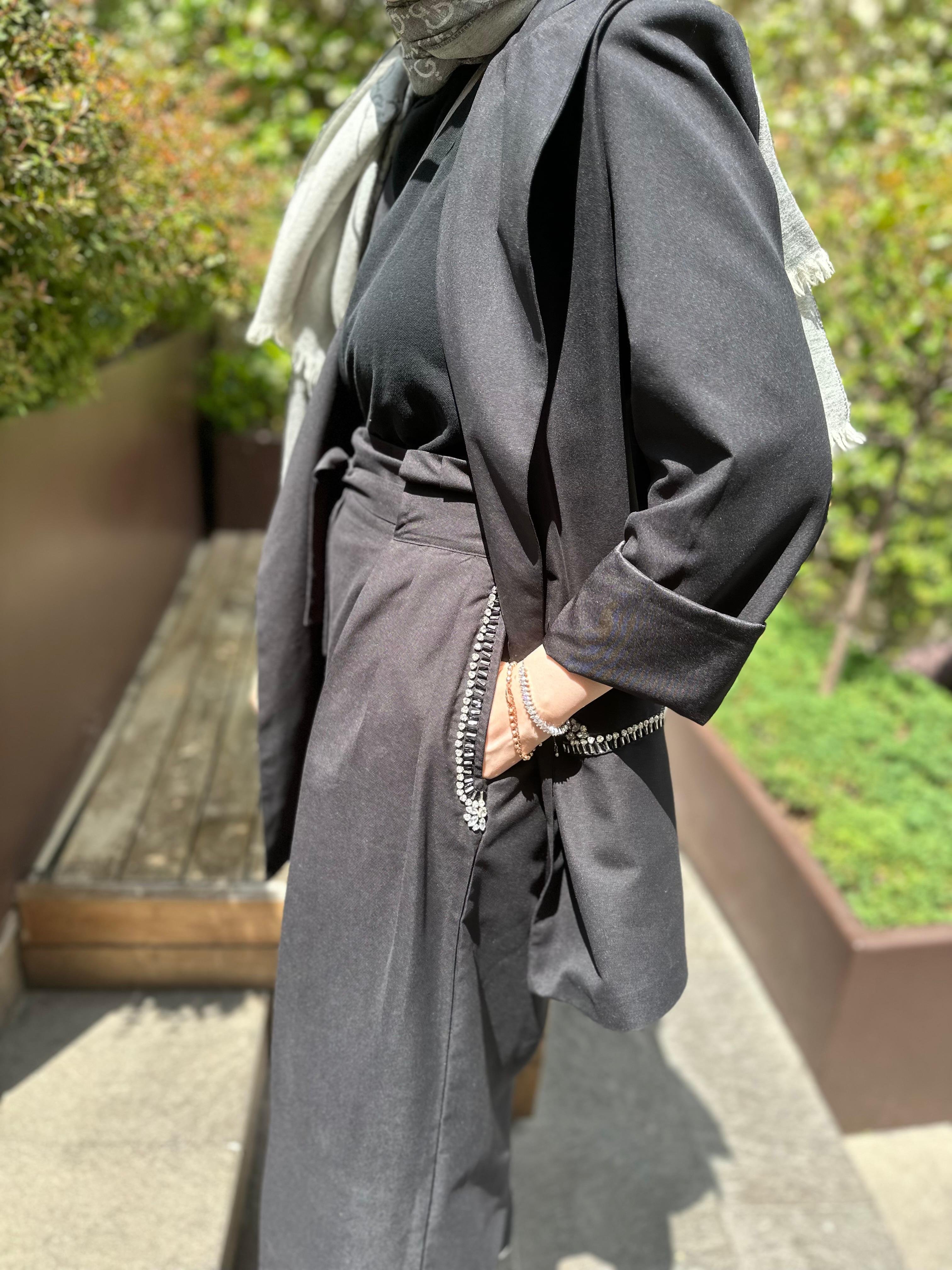 Taş İşlemeli Blazer Takım-Siyah