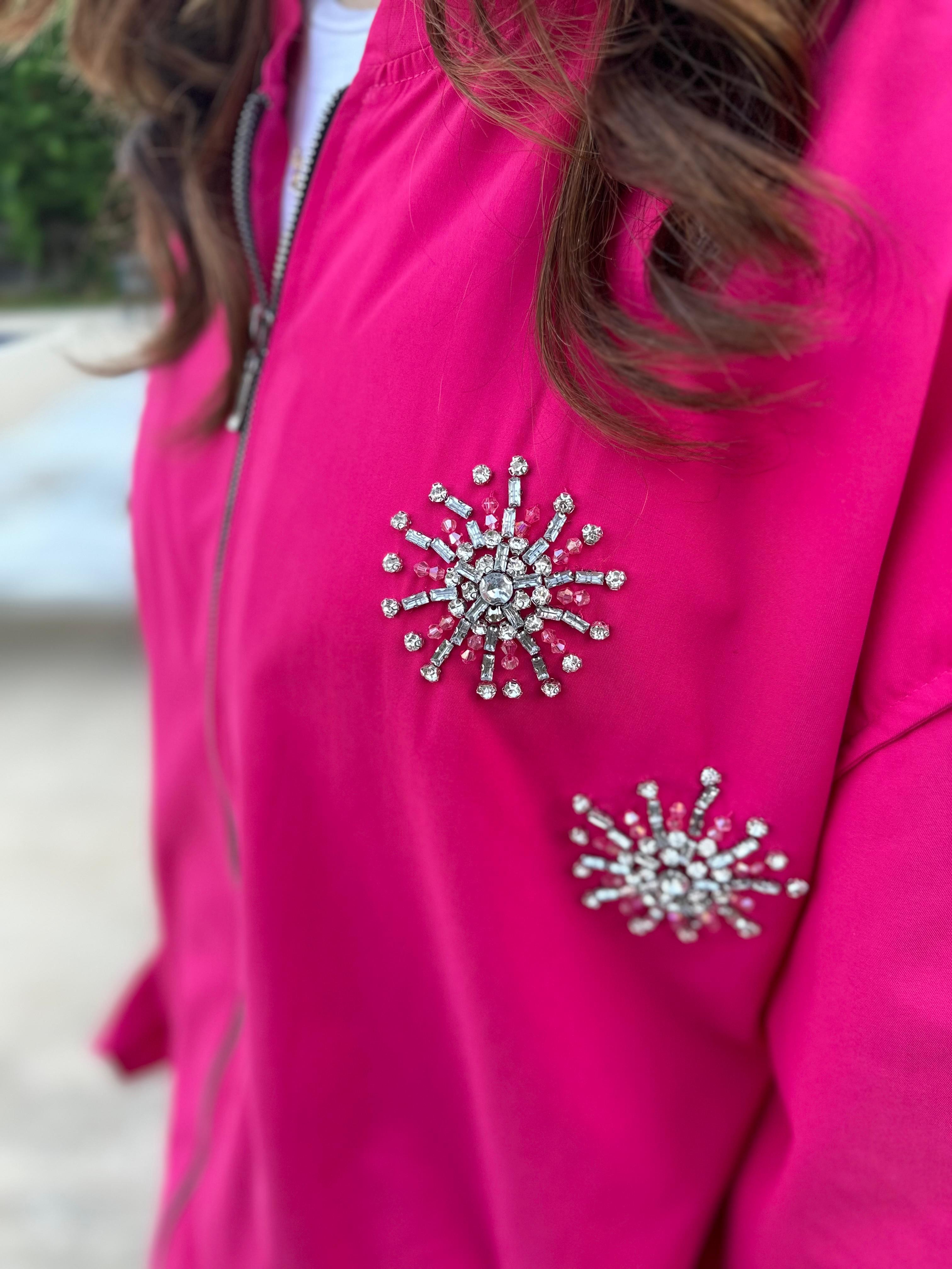 İşleme Detaylı Pembe Bomber Ceket
