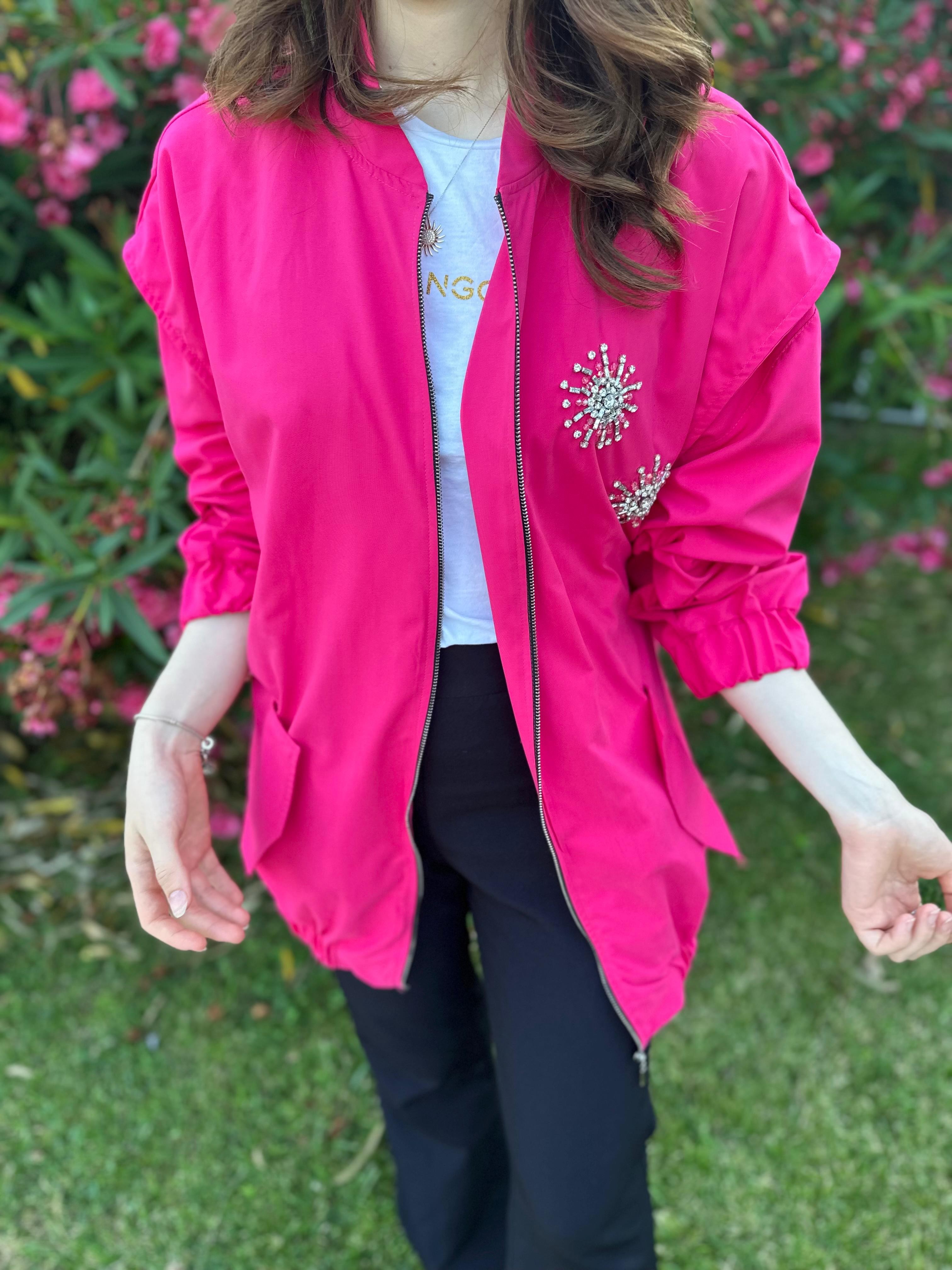 İşleme Detaylı Pembe Bomber Ceket