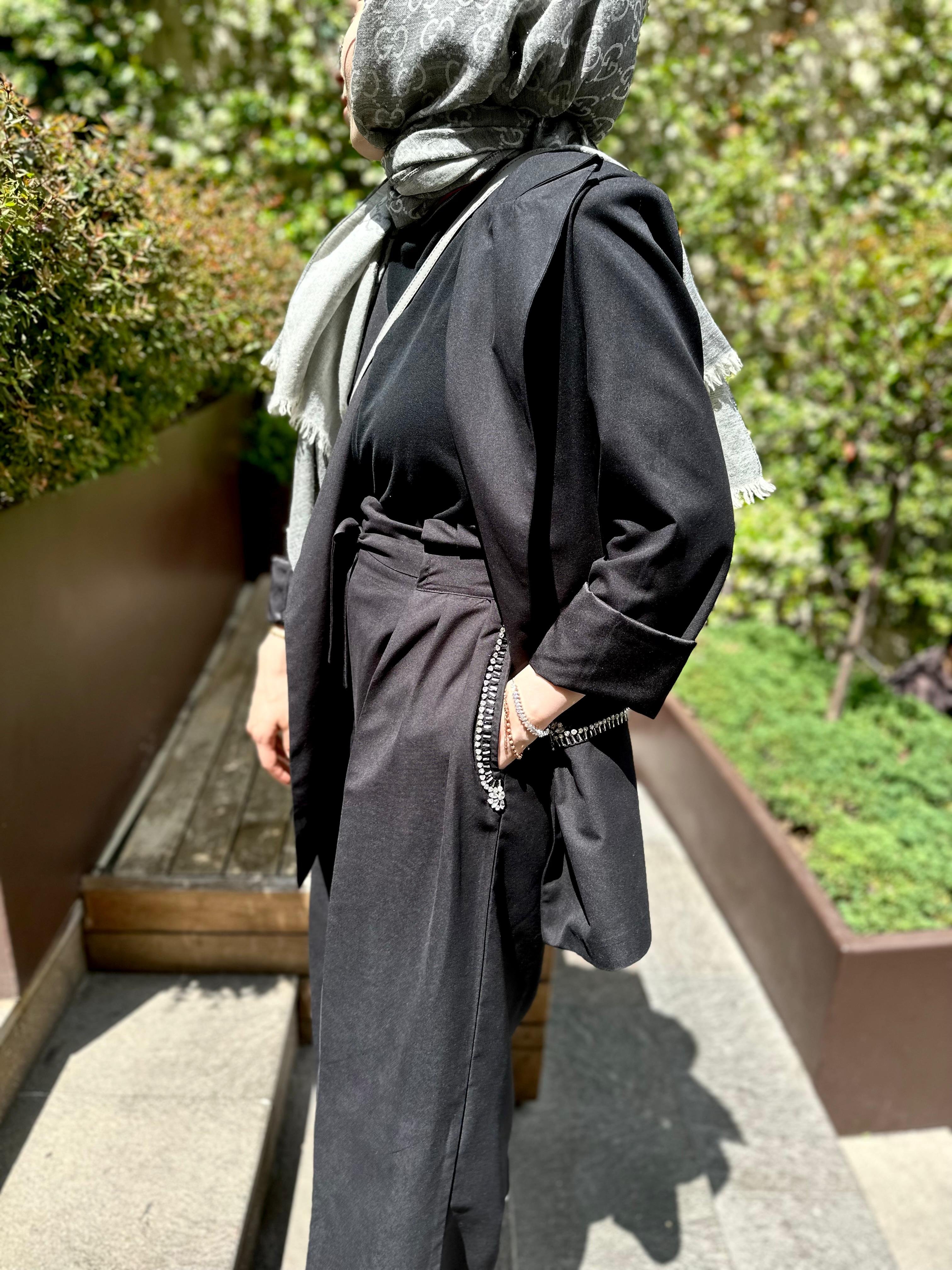 Taş İşlemeli Blazer Takım-Siyah