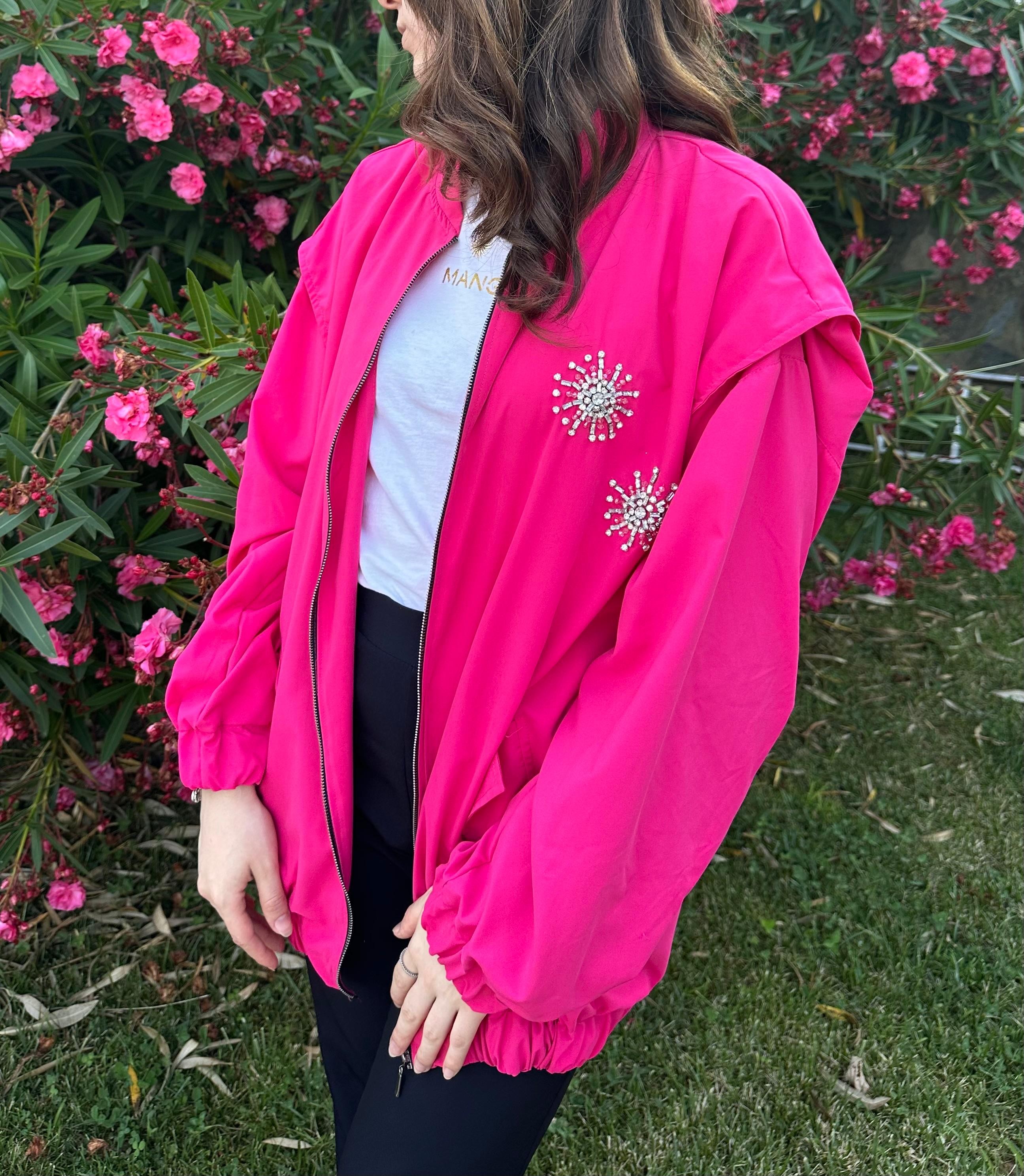 İşleme Detaylı Pembe Bomber Ceket