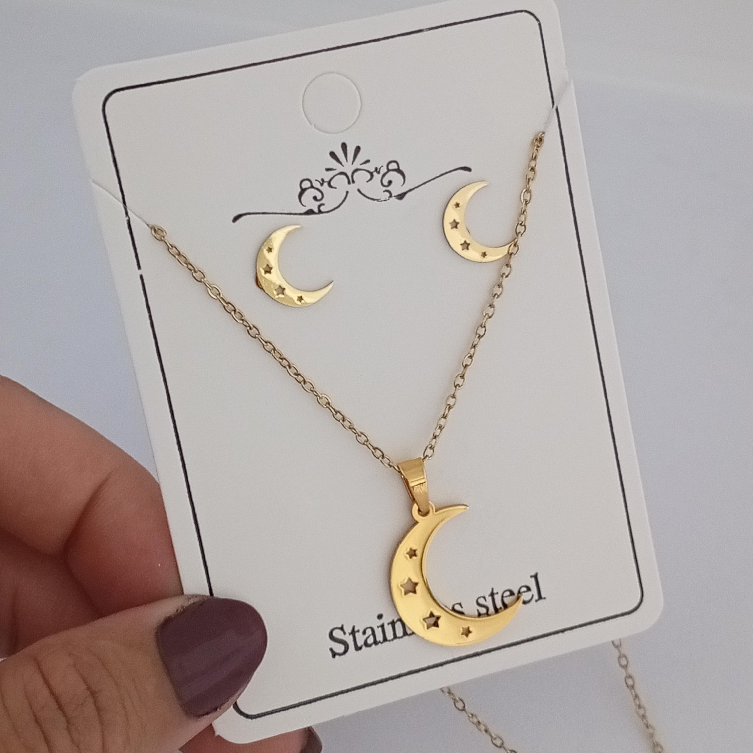 Çelik Gold Yıldız Motifli Ay Kolye Küpe Seti 