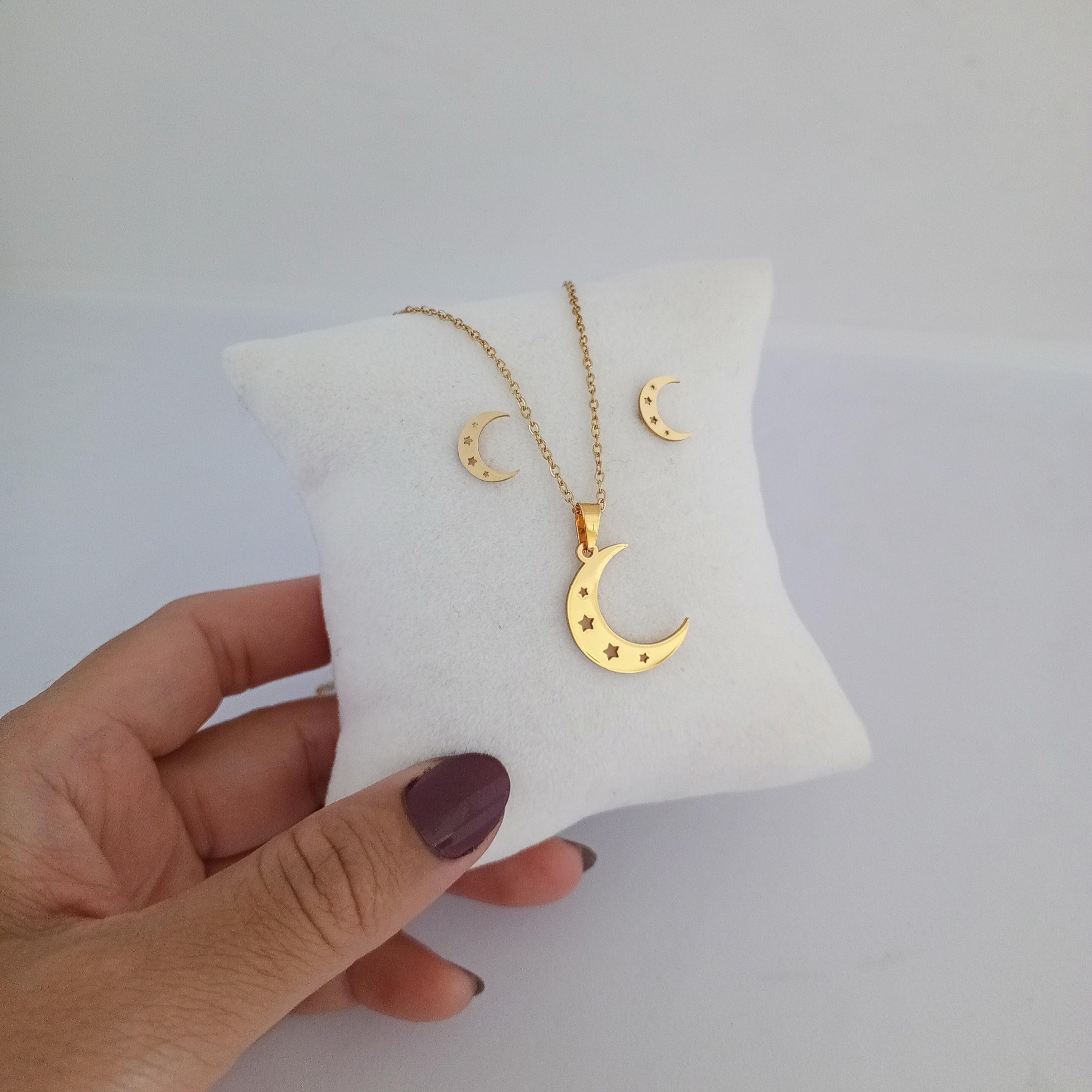 Çelik Gold Yıldız Motifli Ay Kolye Küpe Seti 
