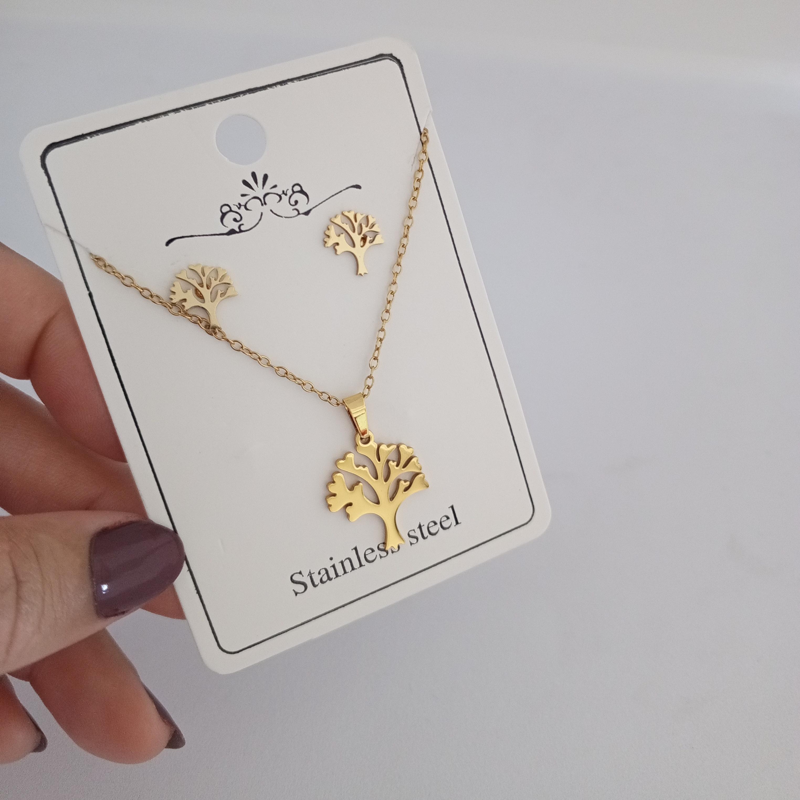 Çelik Gold Yaşam Ağacı Kolye Küpe Seti 
