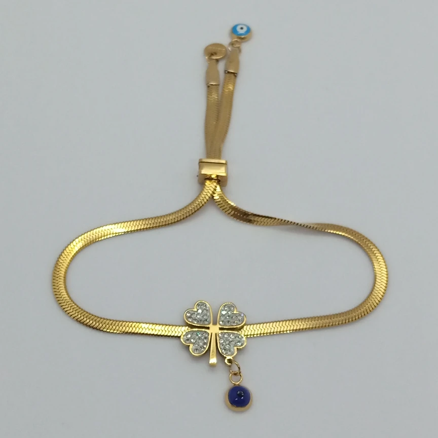 Çelik Zirkon Taşlı Asansörlü İtalyan Zincir Yonca Bileklik