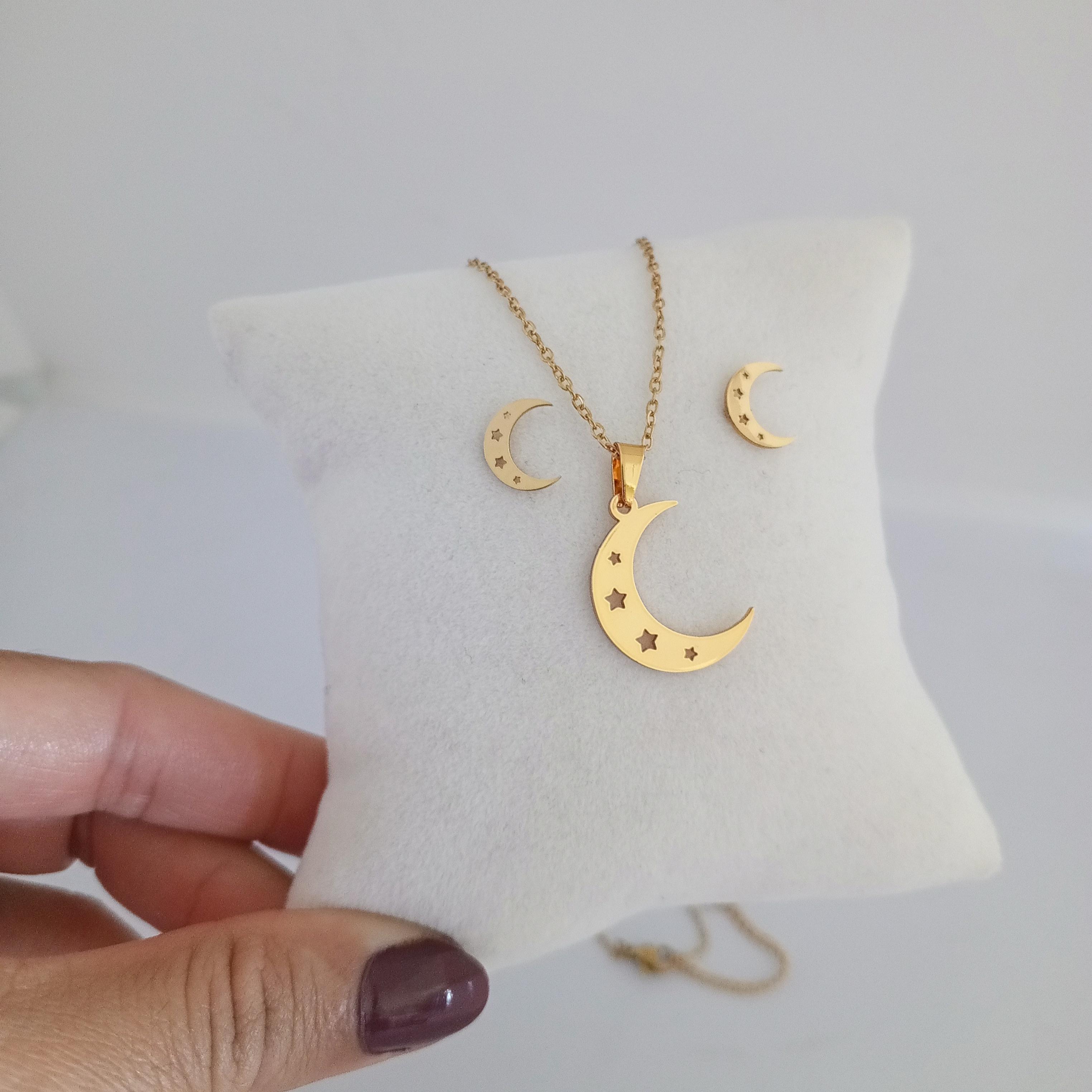 Çelik Gold Yıldız Motifli Ay Kolye Küpe Seti 