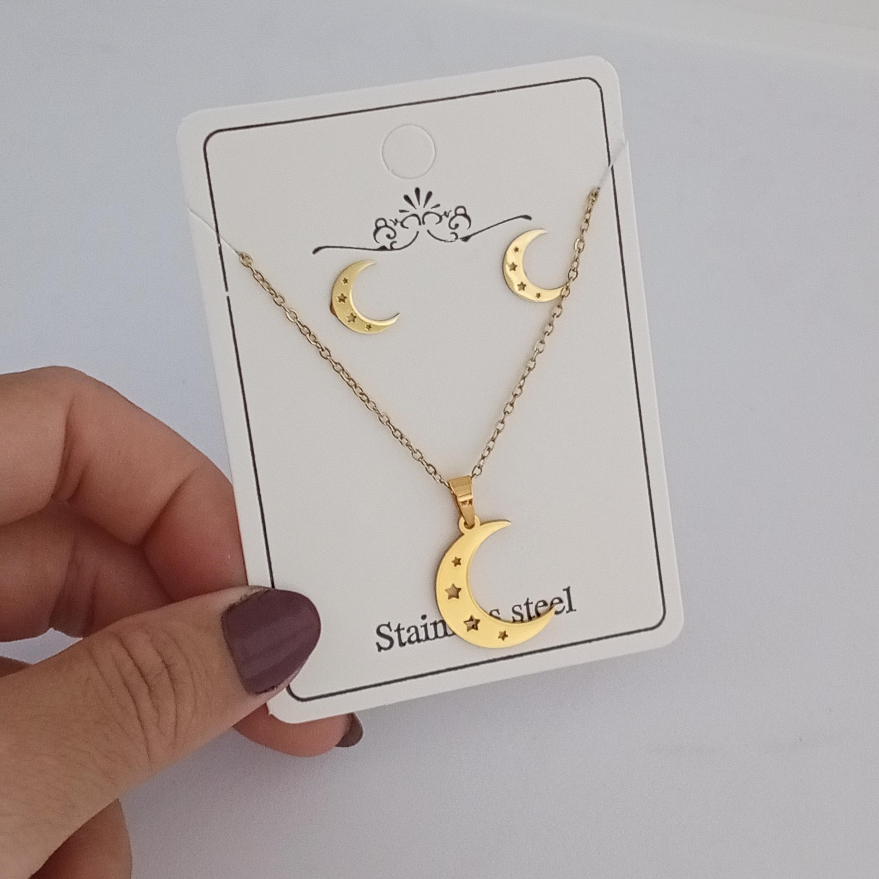 Çelik Gold Yıldız Motifli Ay Kolye Küpe Seti 