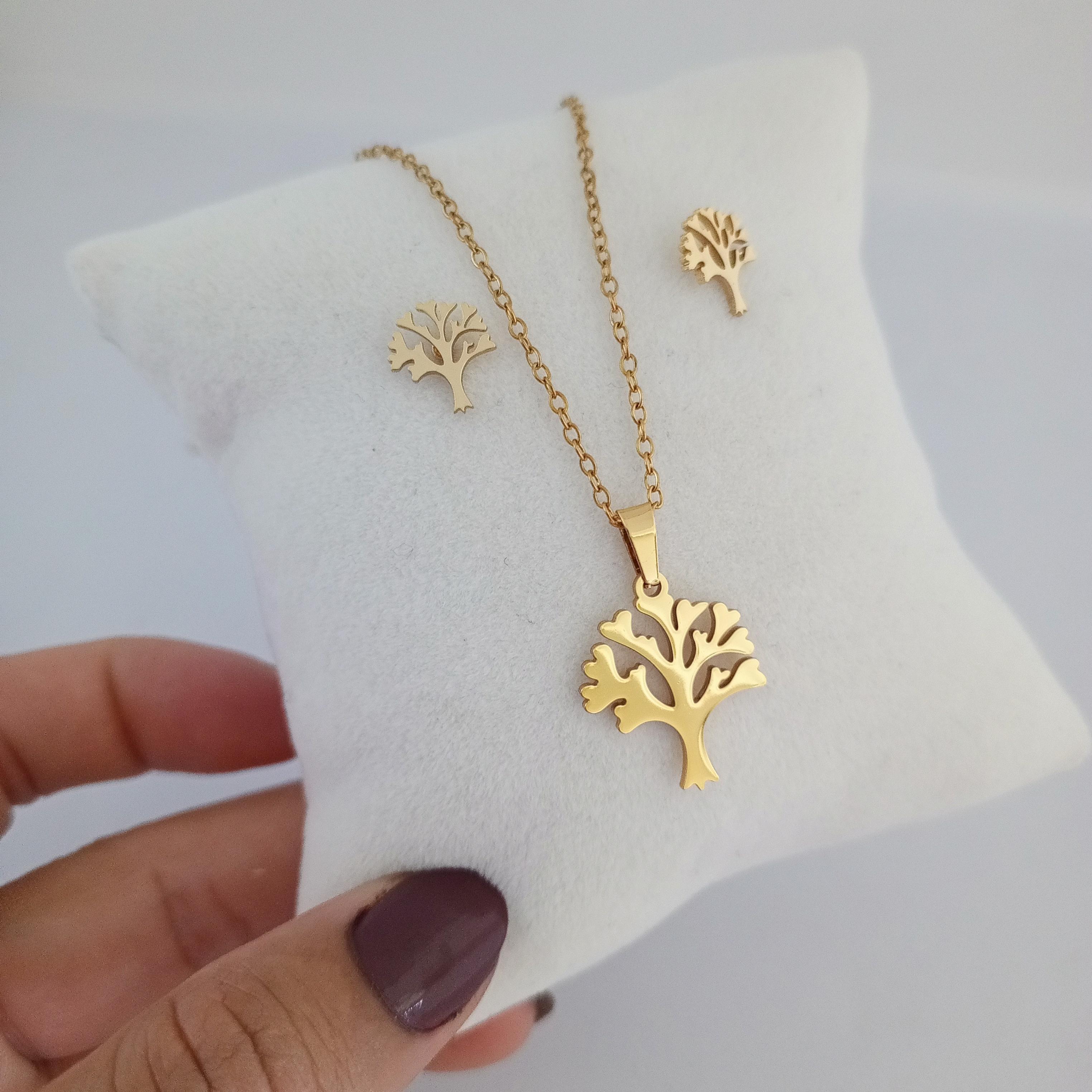 Çelik Gold Yaşam Ağacı Kolye Küpe Seti 