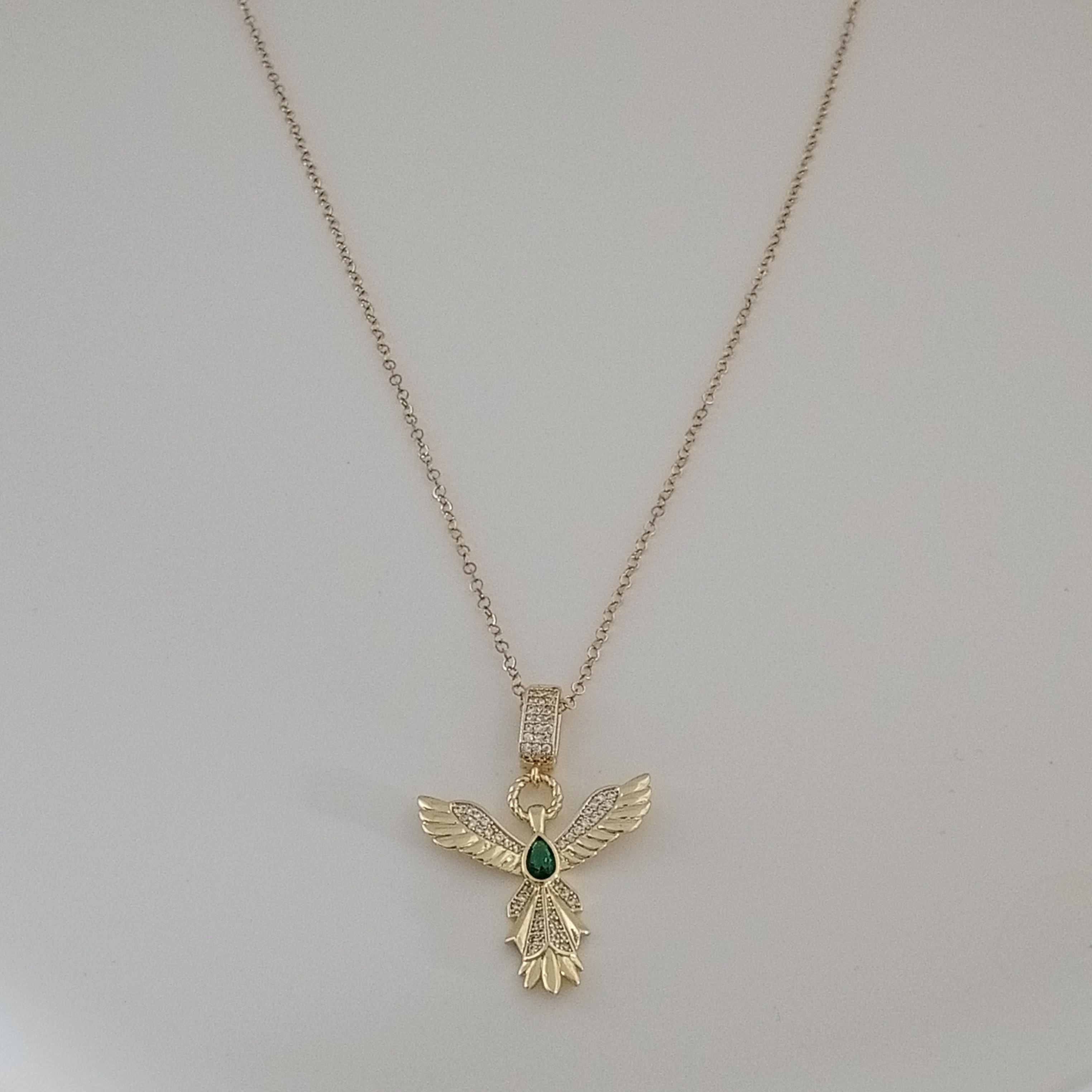 Gold Pirinç Yeşil Zirkon Taşlı Anka kuşu Kolye