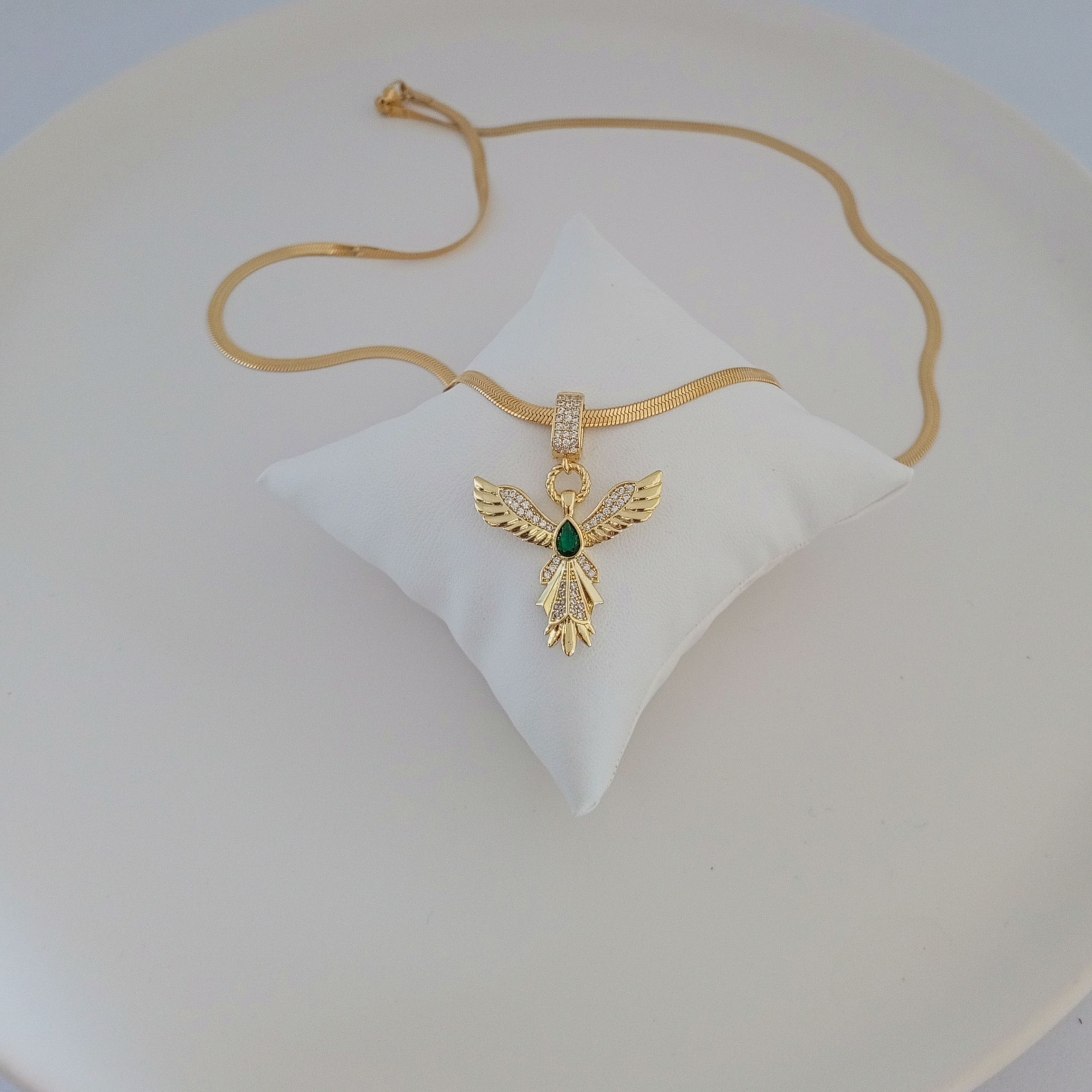 Gold Pirinç Yeşil Zirkon Taşlı Anka kuşu Kolye