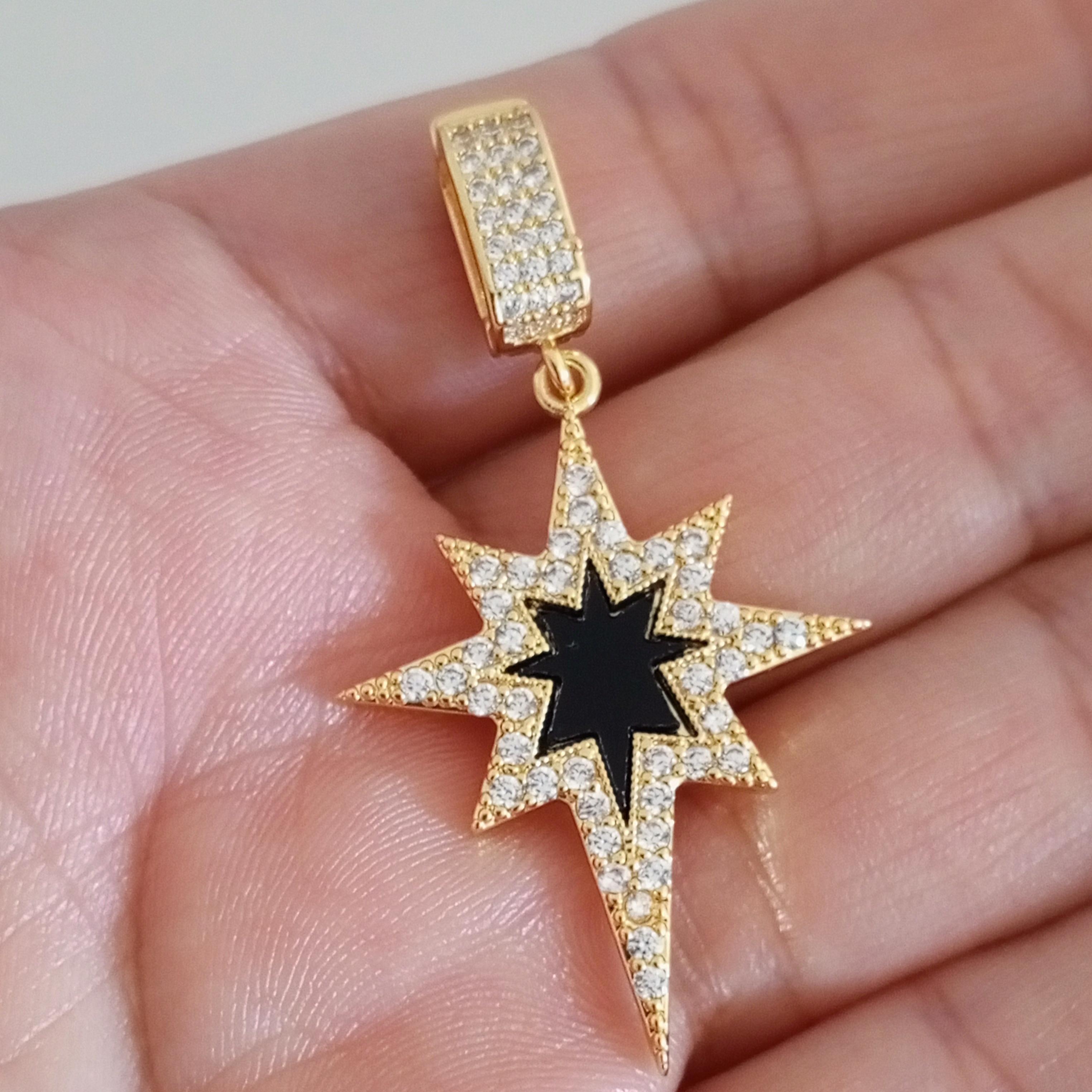 Gold Pirinç Zirkon Taşlı Siyah Mineli Kutup yıldızı Charm 