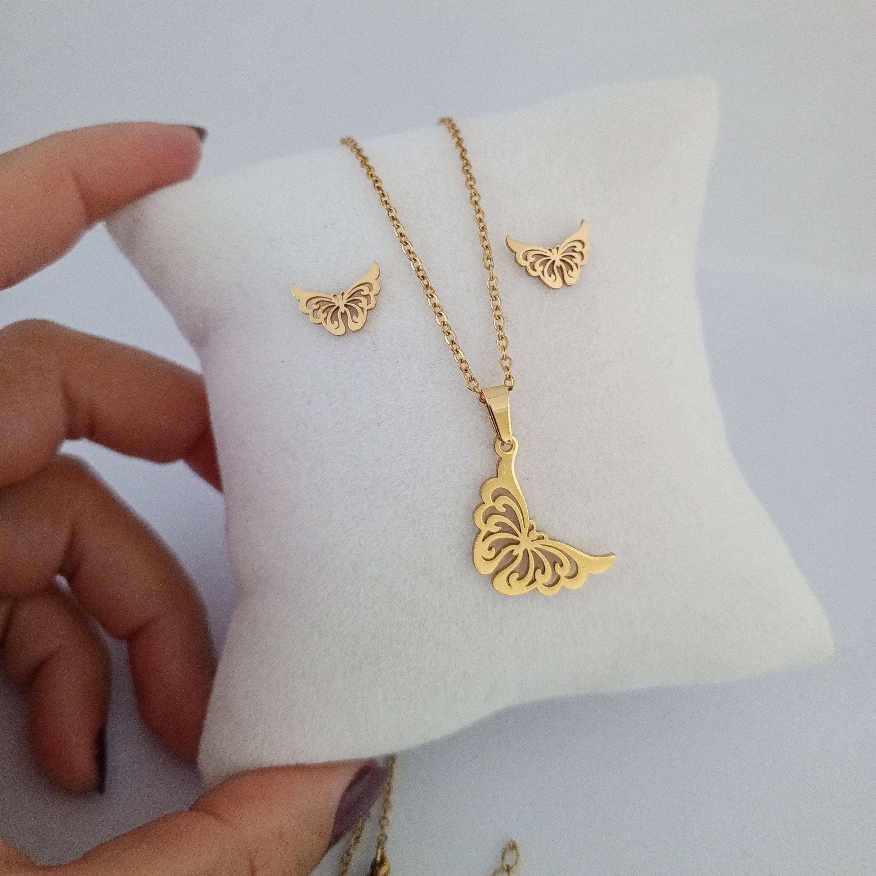 Çelik Gold Kelebek Kolye Küpe Seti 