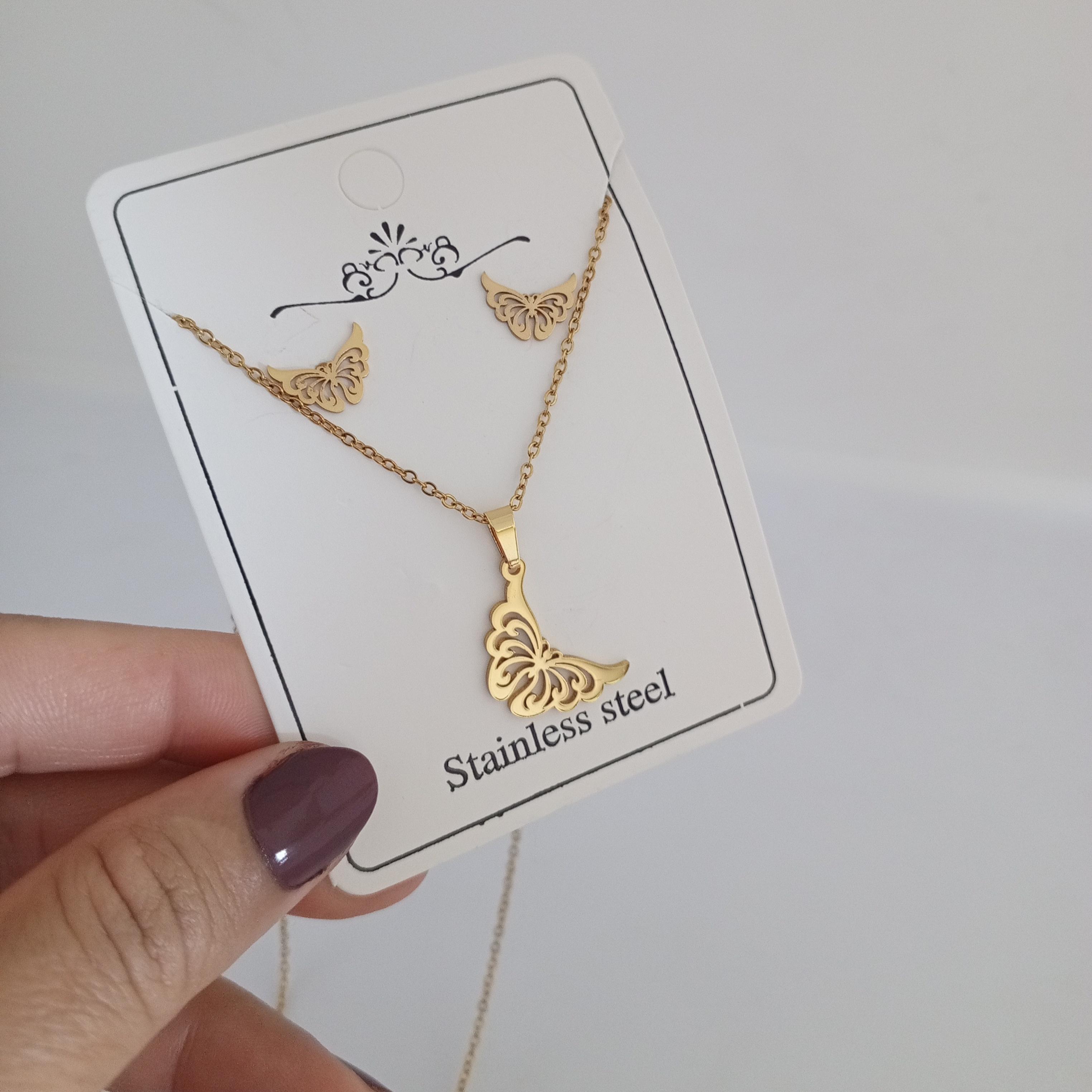 Çelik Gold Kelebek Kolye Küpe Seti 