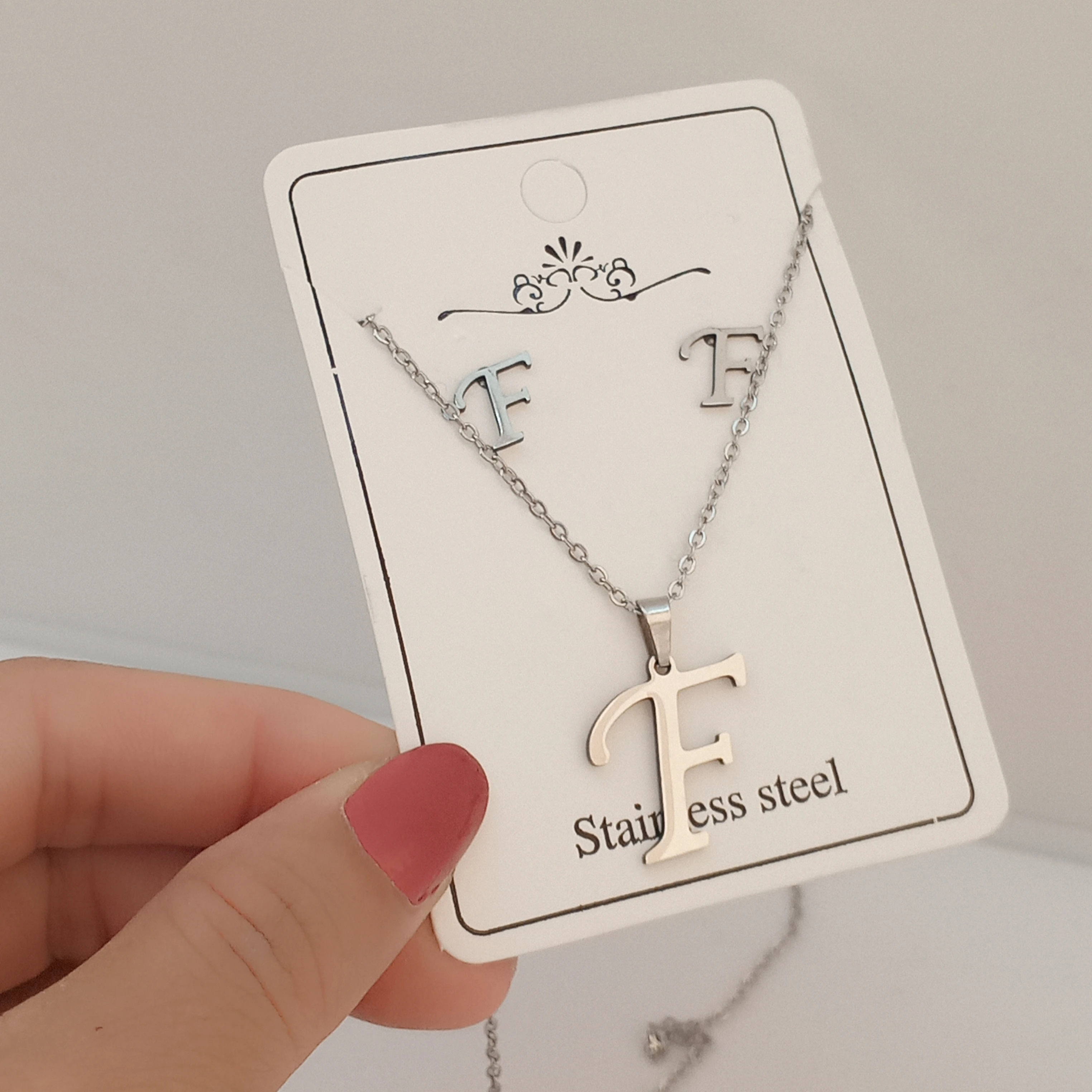 Çelik F Harfi Kolye Küpe Seti 