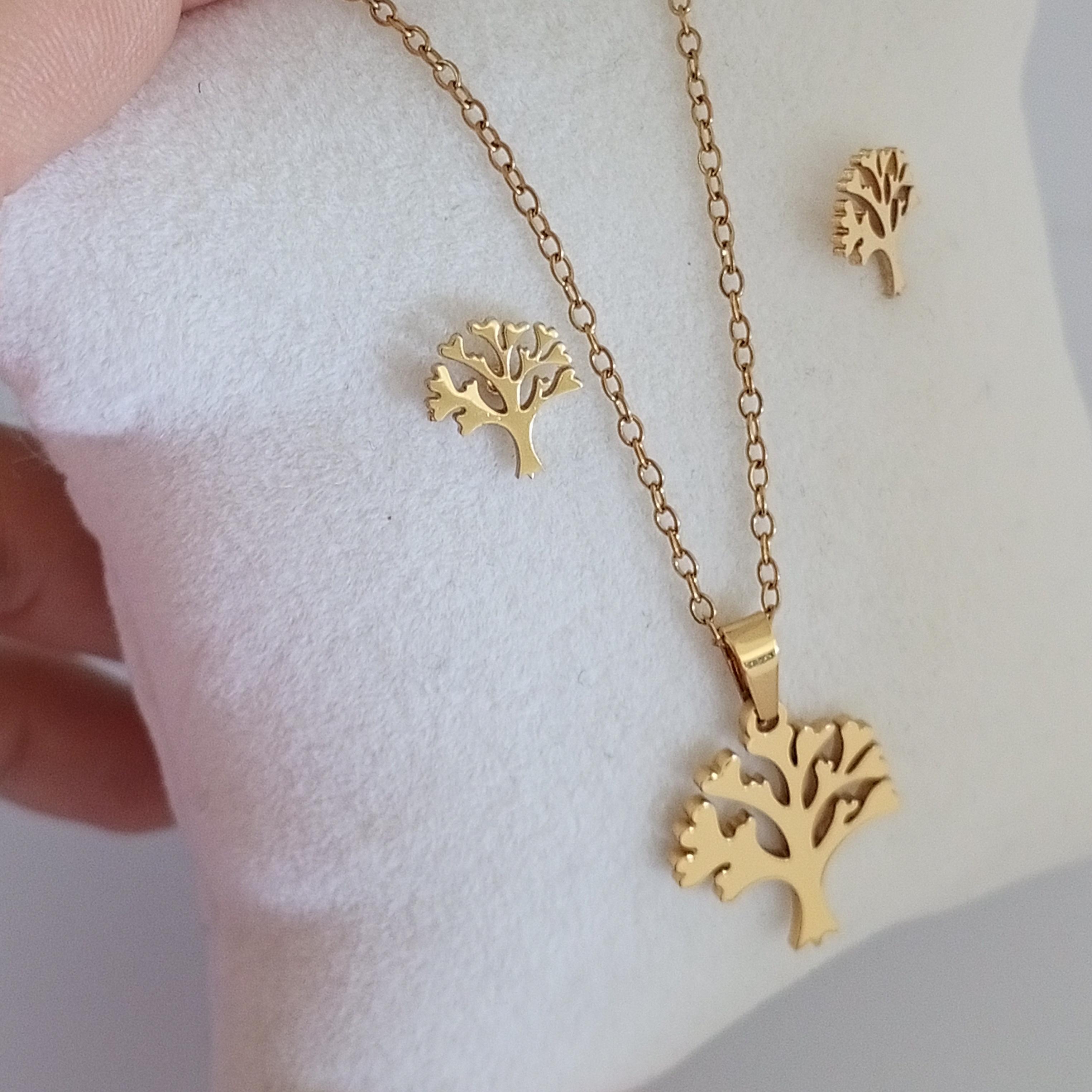 Çelik Gold Yaşam Ağacı Kolye Küpe Seti 