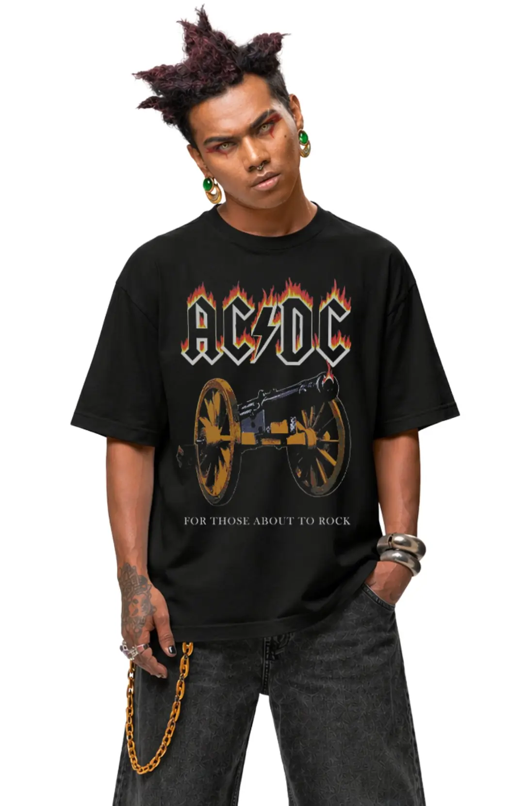 Unisex AC-DC For Those About To Rock Baskılı Bisiklet Yaka Tişört,Over