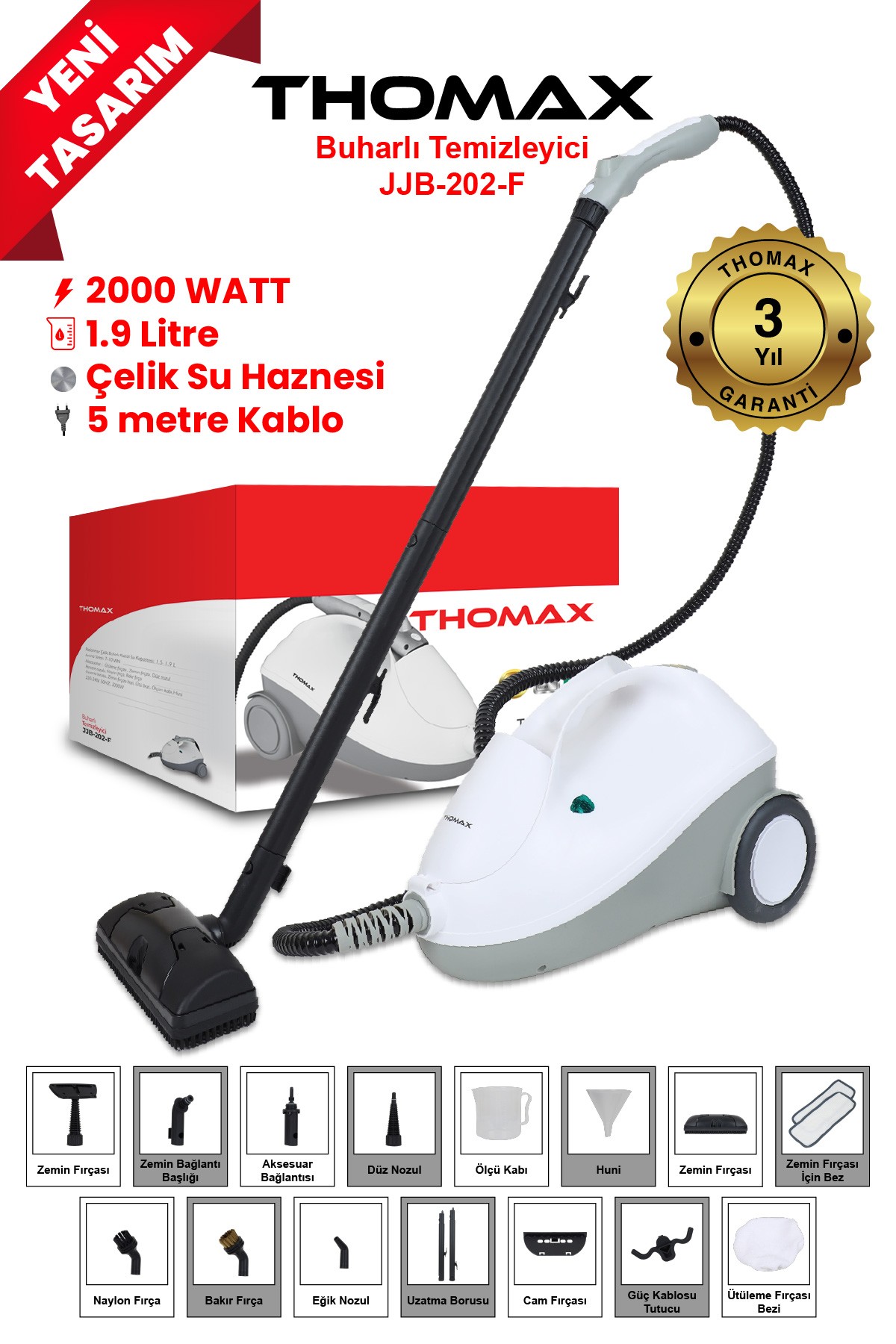 Thomax Çok Fonksiyonlu Buharlı Temizleyici Buharlı Temizlik 2000 Watt 1.9lt