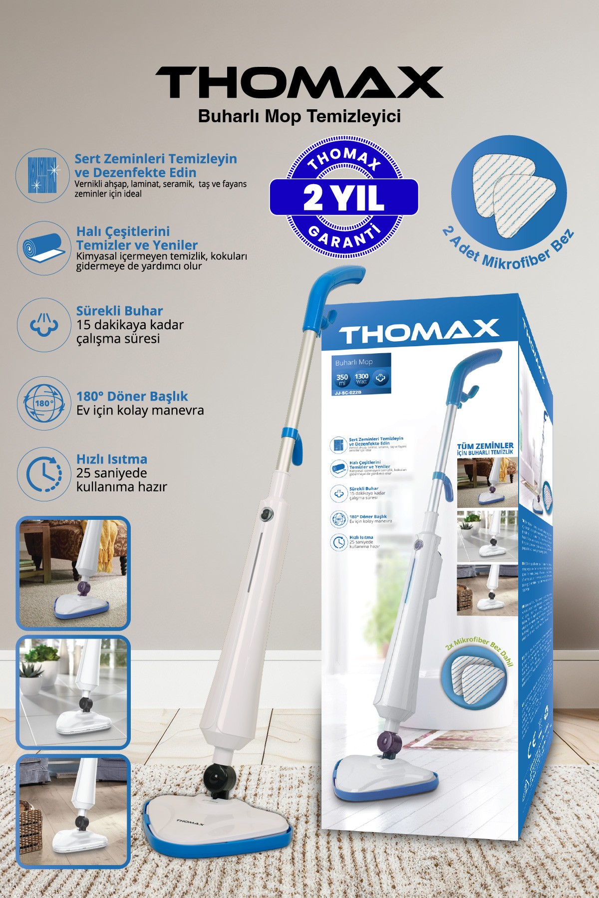 Thomax Antibakteriyel Buharlı Temizleyici Yüksek Buhar Basınçlı Mop