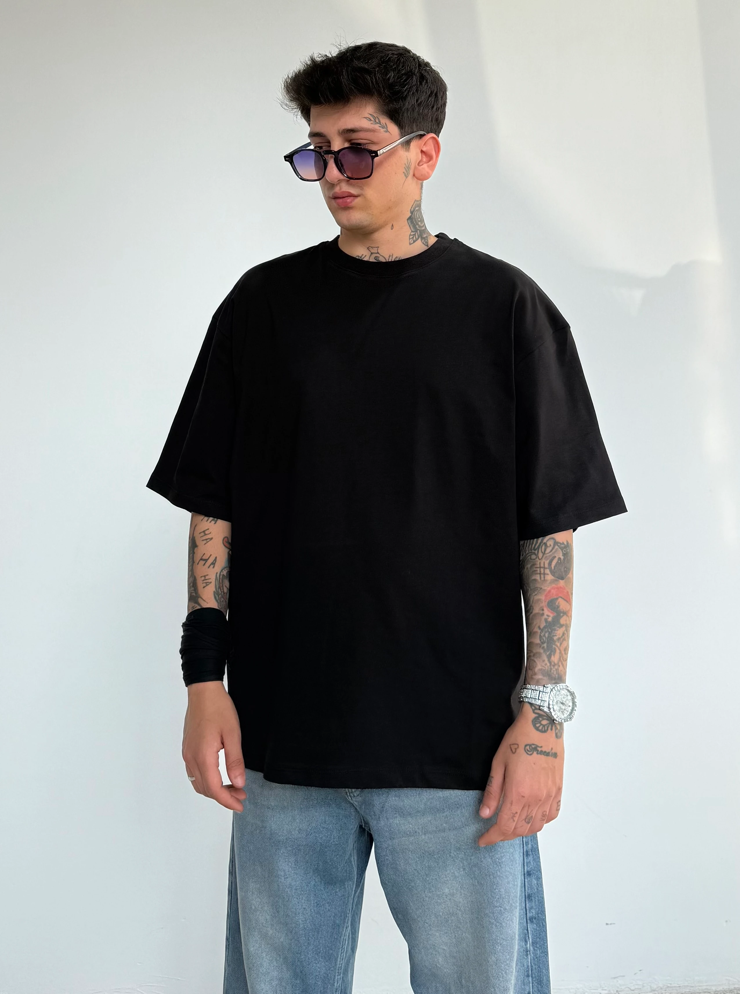 Oversize Pamuklu Basic Tişört - siyah