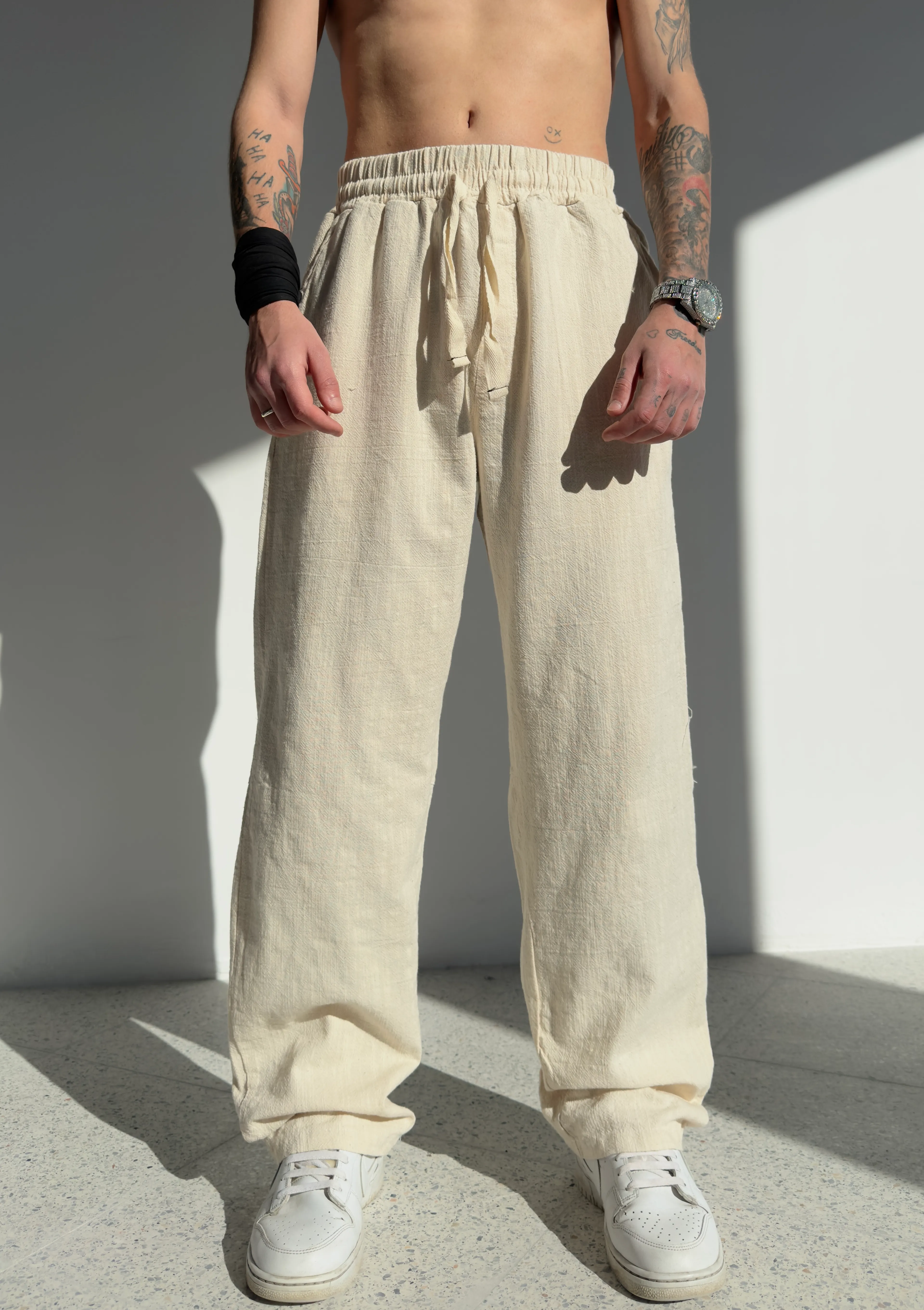 Baggy Keten Pantolon - krem
