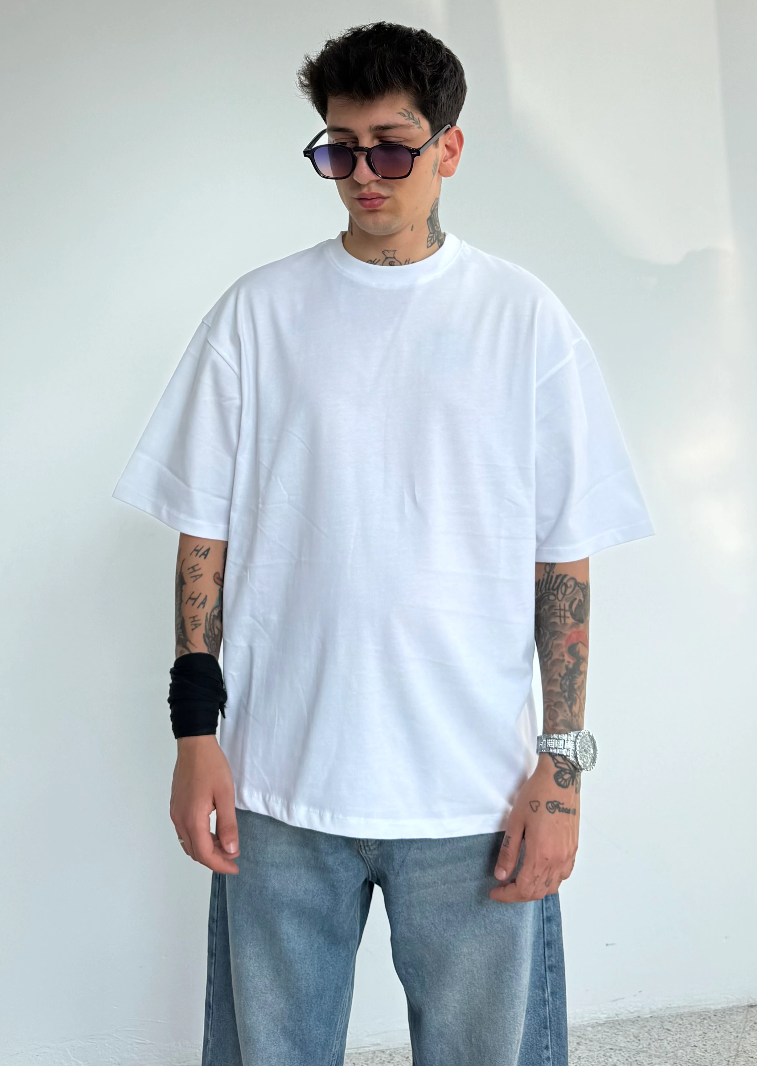 Oversize Pamuklu Basic Tişört - beyaz