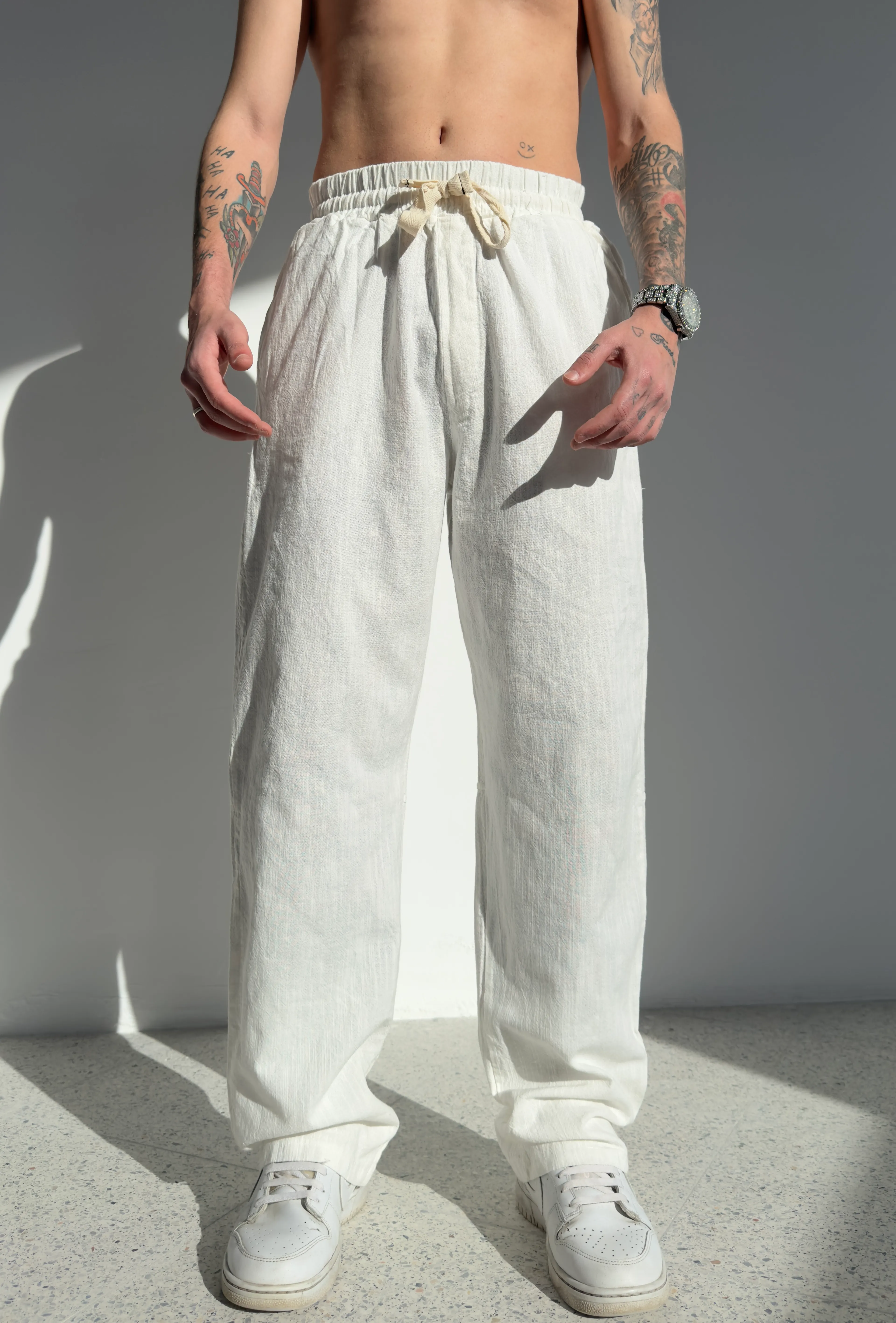 Baggy Keten Pantolon - beyaz