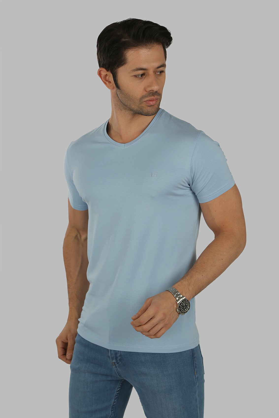 40156-23 SLIM FIT V YAKA T-SHIRT - MAVİ