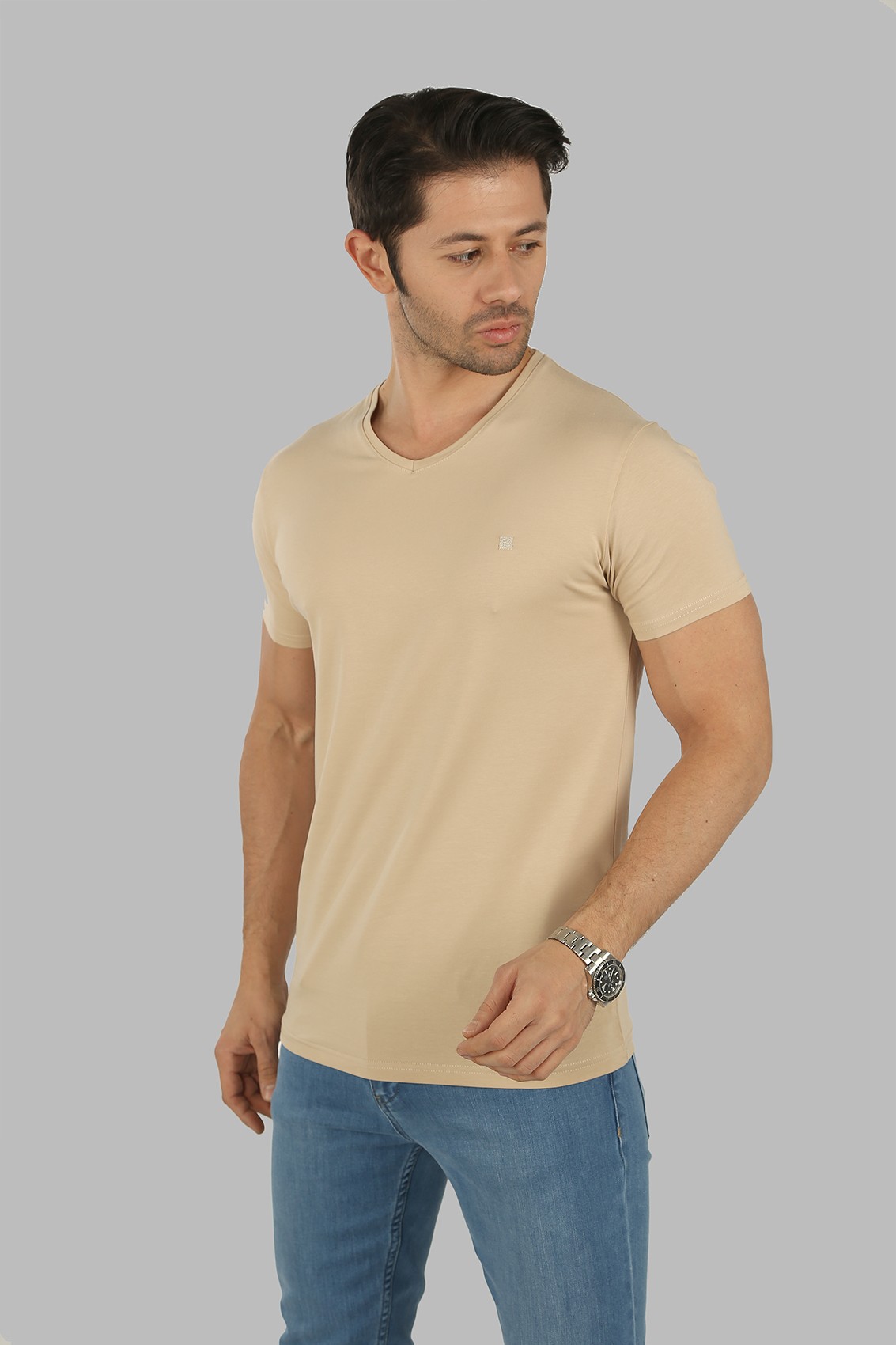 40156-23 SLIM FIT V YAKA T-SHIRT - A.BEJ
