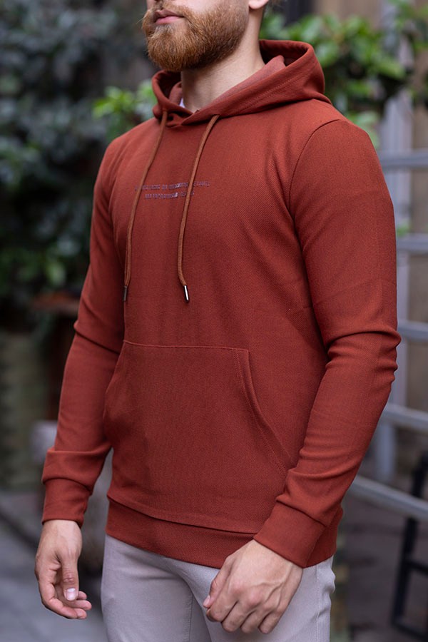 ERKEK SLIM FIT PAMUKLU CEPLİ KAPŞONLU SWEATSHIRT GENNADY 5811 - KİREMİT