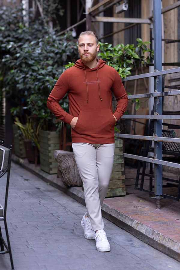 ERKEK SLIM FIT PAMUKLU CEPLİ KAPŞONLU SWEATSHIRT GENNADY 5811 - KİREMİT