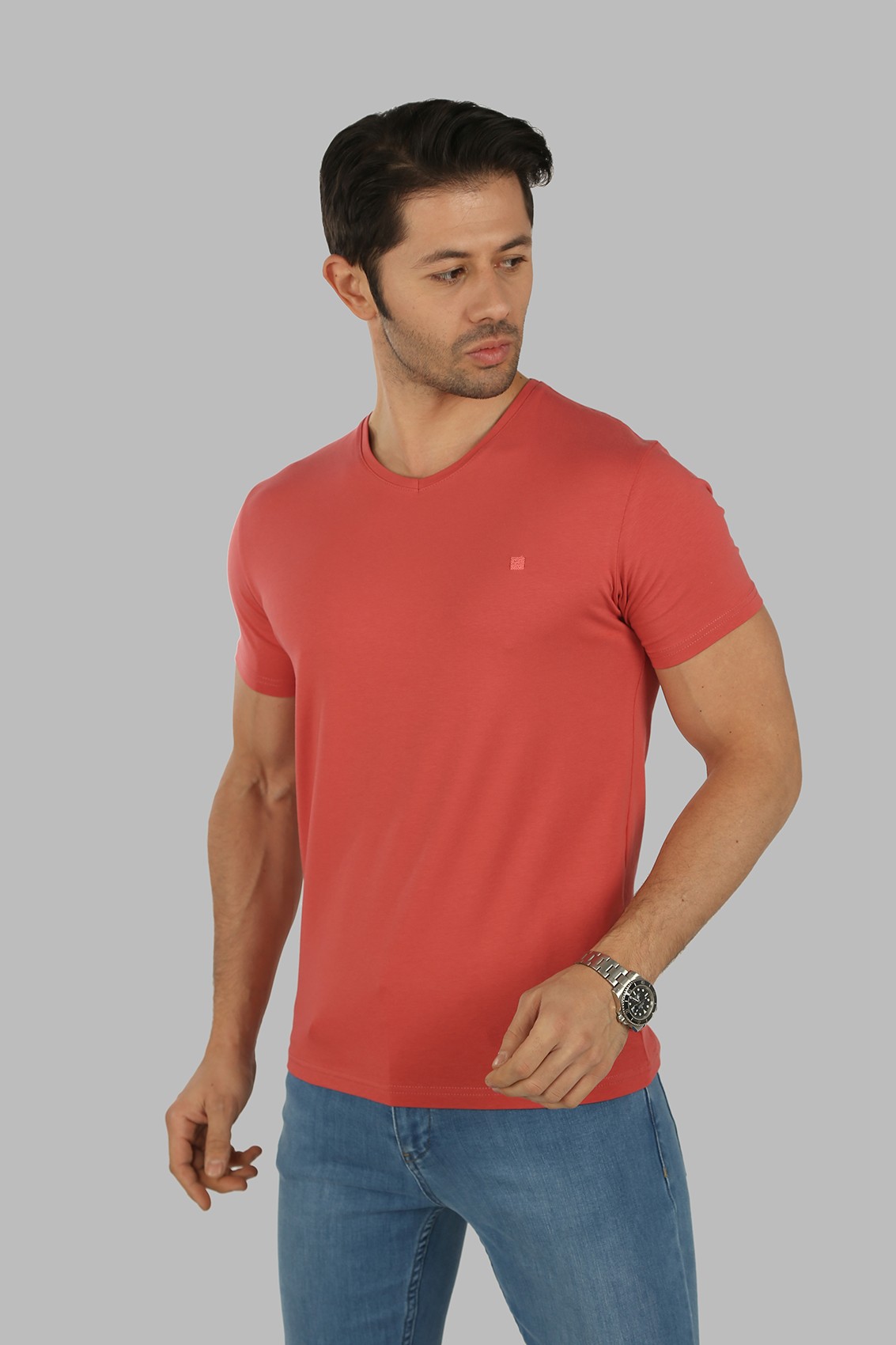 40156-23 SLIM FIT V YAKA T-SHIRT - GÜL KURUSU