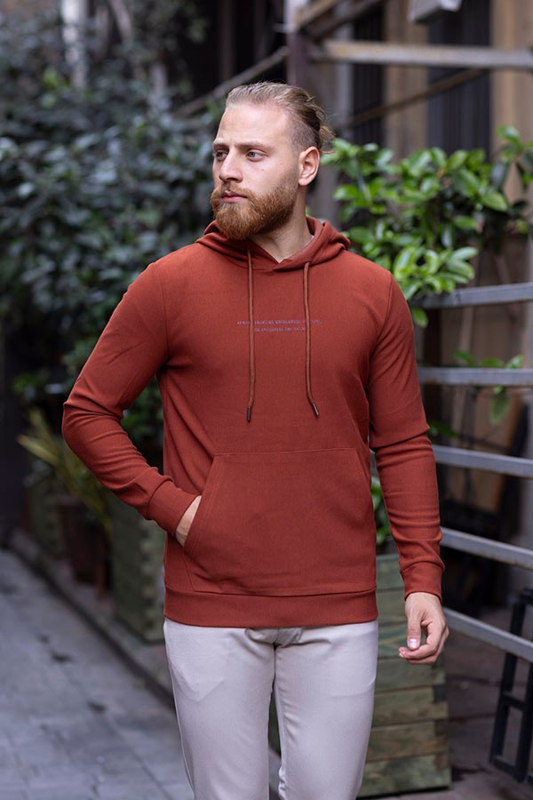 ERKEK SLIM FIT PAMUKLU CEPLİ KAPŞONLU SWEATSHIRT GENNADY 5811 - KİREMİT