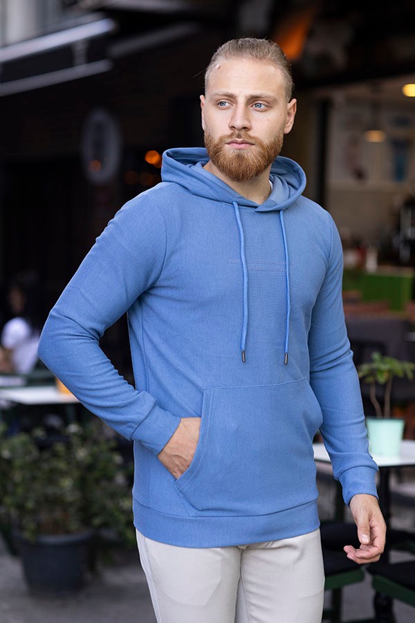 ERKEK SLIM FIT PAMUKLU CEPLİ KAPŞONLU SWEATSHIRT GENNADY 5811 - MAVİ