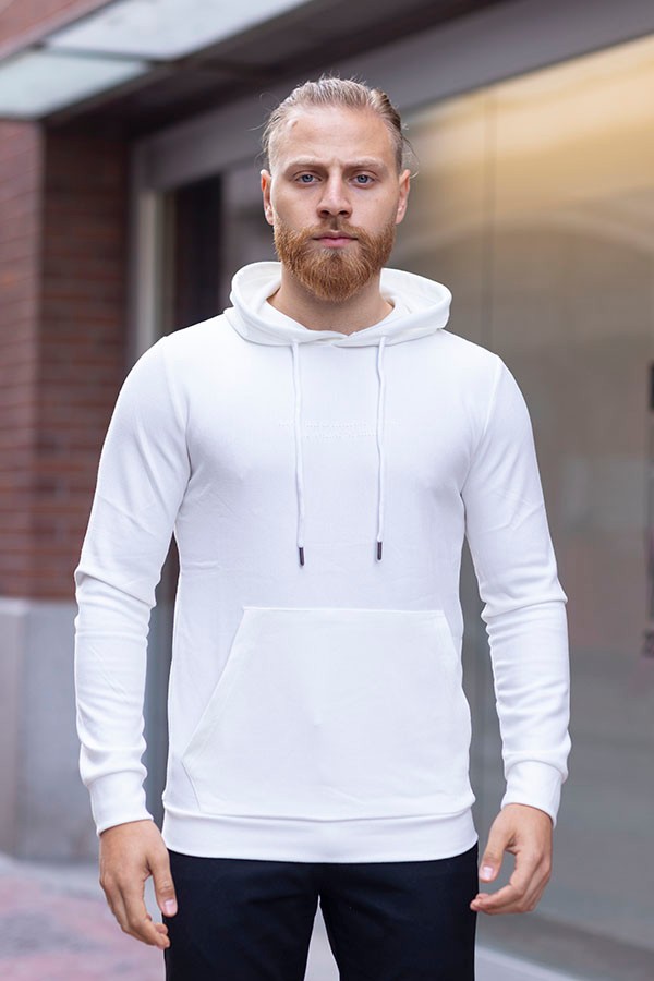 ERKEK SLIM FIT PAMUKLU CEPLİ KAPŞONLU SWEATSHIRT GENNADY 5811 - KIRIK AÇIK BEYAZ