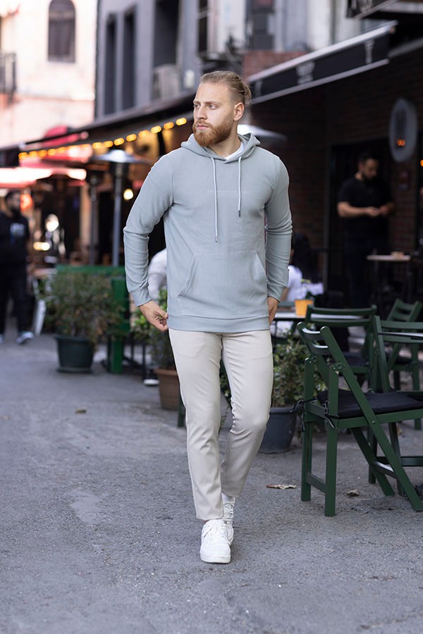 ERKEK SLIM FIT PAMUKLU CEPLİ KAPŞONLU SWEATSHIRT GENNADY 5811 - GRİ