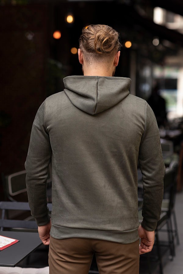 ERKEK SLIM FIT PAMUKLU SÜET GÖRÜNÜM CEPLİ KAPŞONLU SWEATSHIRT EDUARD 5814 - HAKİ