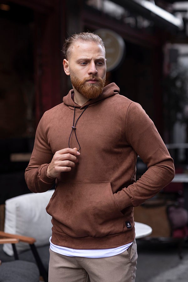 ERKEK SLIM FIT PAMUKLU SÜET GÖRÜNÜM CEPLİ KAPŞONLU SWEATSHIRT EDUARD 5814