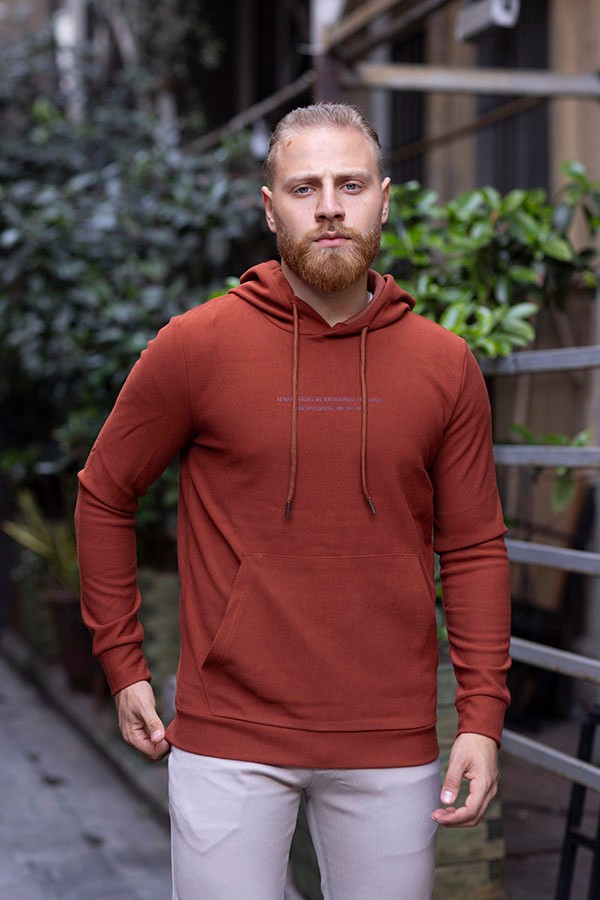 ERKEK SLIM FIT PAMUKLU CEPLİ KAPŞONLU SWEATSHIRT GENNADY 5811 - KİREMİT