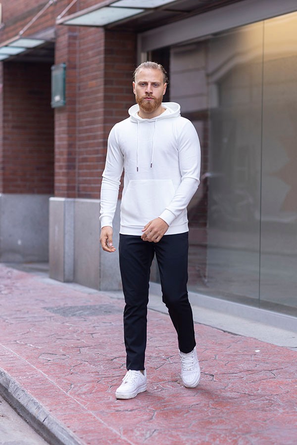 ERKEK SLIM FIT PAMUKLU CEPLİ KAPŞONLU SWEATSHIRT GENNADY 5811 - KIRIK AÇIK BEYAZ