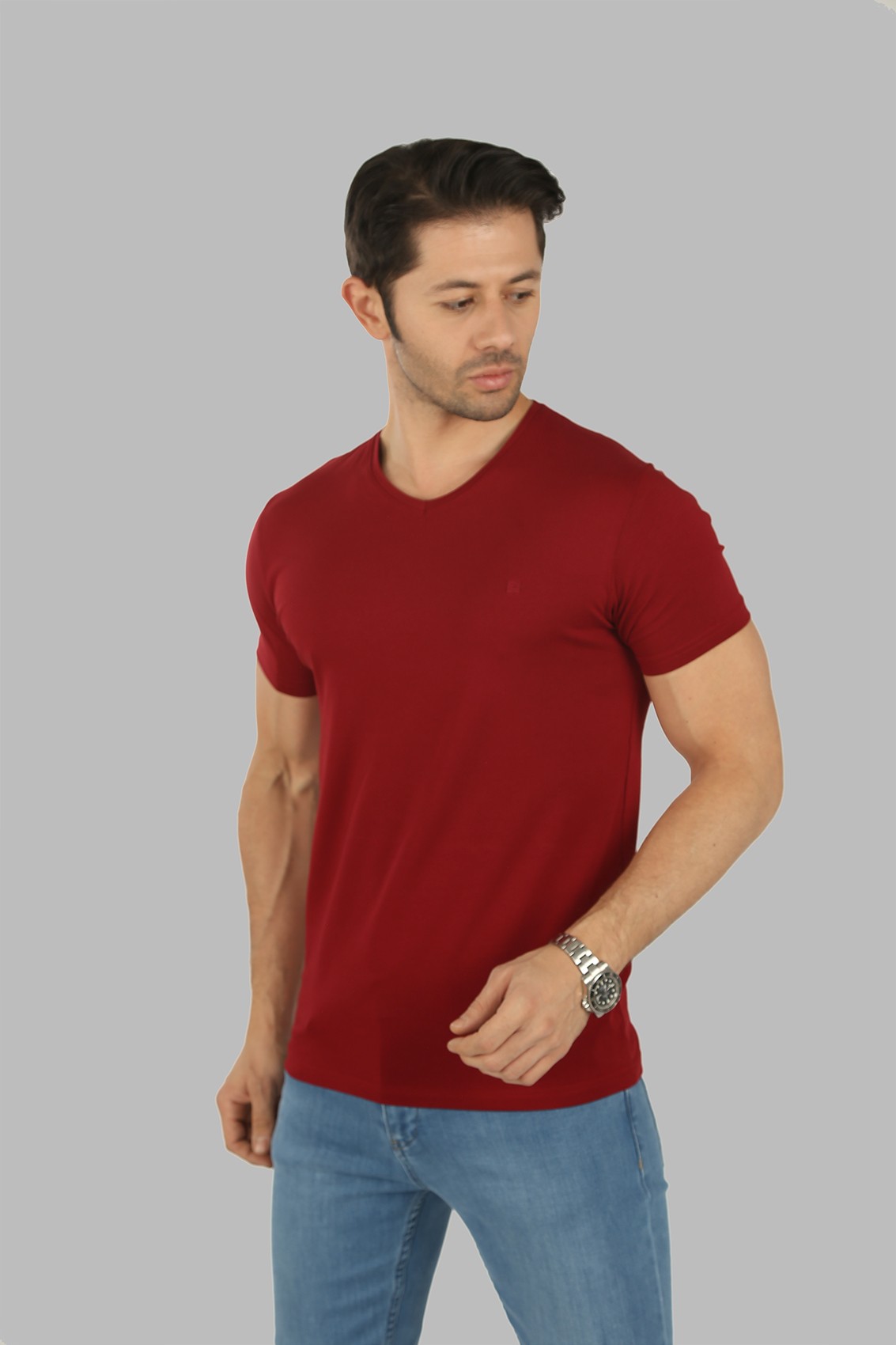 40156-23 SLIM FIT V YAKA T-SHIRT - BORDO
