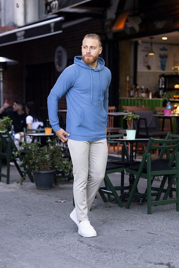 ERKEK SLIM FIT PAMUKLU CEPLİ KAPŞONLU SWEATSHIRT GENNADY 5811 - MAVİ